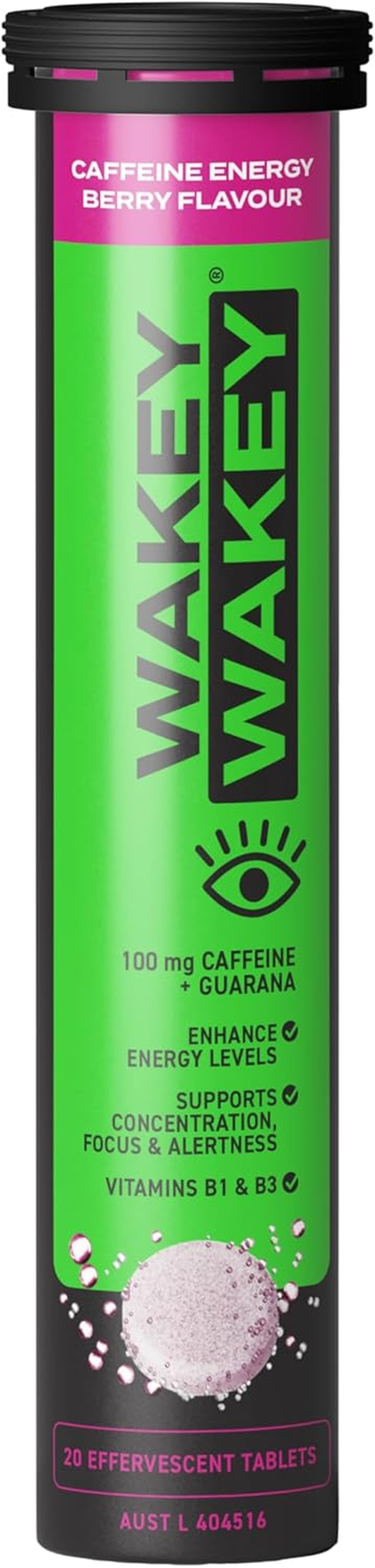 Wakey Wakey Caffeine Energy Effervescent Berry Flavour 20 Tablets - with 100Mg of Caffeine plus Guarana, Vitamins B1 & B3. Less than 1G Sugar per Serve, Less than 12 Calories. Boost Energy Levels, Increases Mental Alertness & Endurance, and Mantains Mental Focus. image number 2
