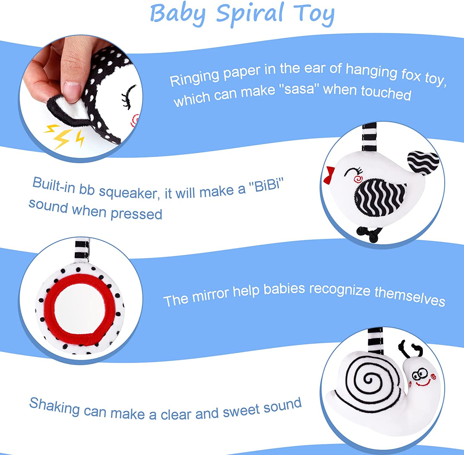 Spiral Hanging Stroller Baby Toys : Newborn Hanging Spiral Activity Black and White Dangling High Contrast Toy Musical Wrap Sensory Babies Infant Toys for Car Seat Stroller Mobile Bassinet Pram image number 4
