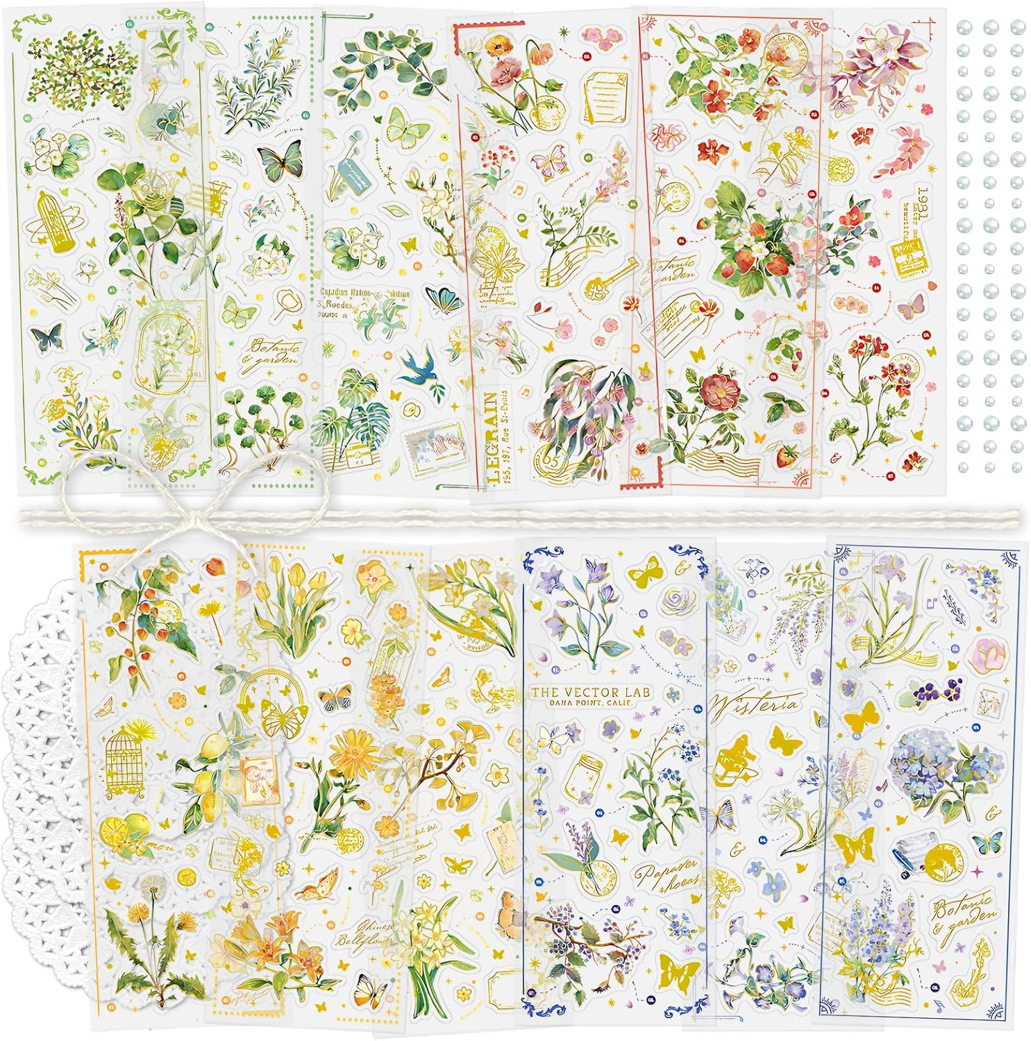 Mayplous 4 Packs Modern Floral Stickers with Silver Foil Embossing for Scrapbooking, Journals, Planners, Card Making & Collage (Villa)