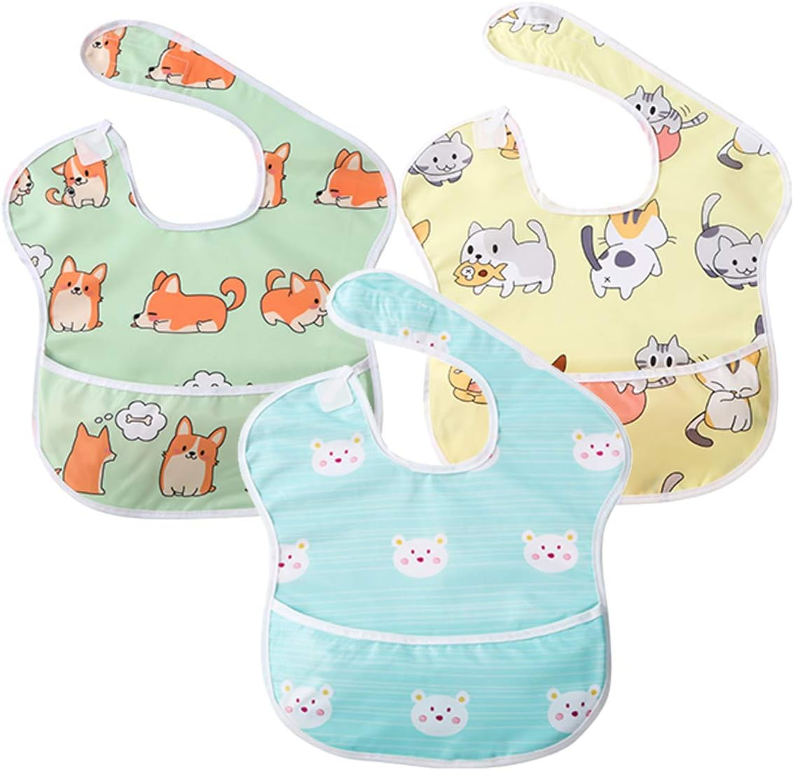 Little Dimsum 3 Pack Baby Bibs Waterproof Bib Easy to Clean Feeding Bibs Weaning Bibs Adjustable Closed for Babies Toddlers with Large Pocket 6-36Months(Cat & Dog & Bear)
