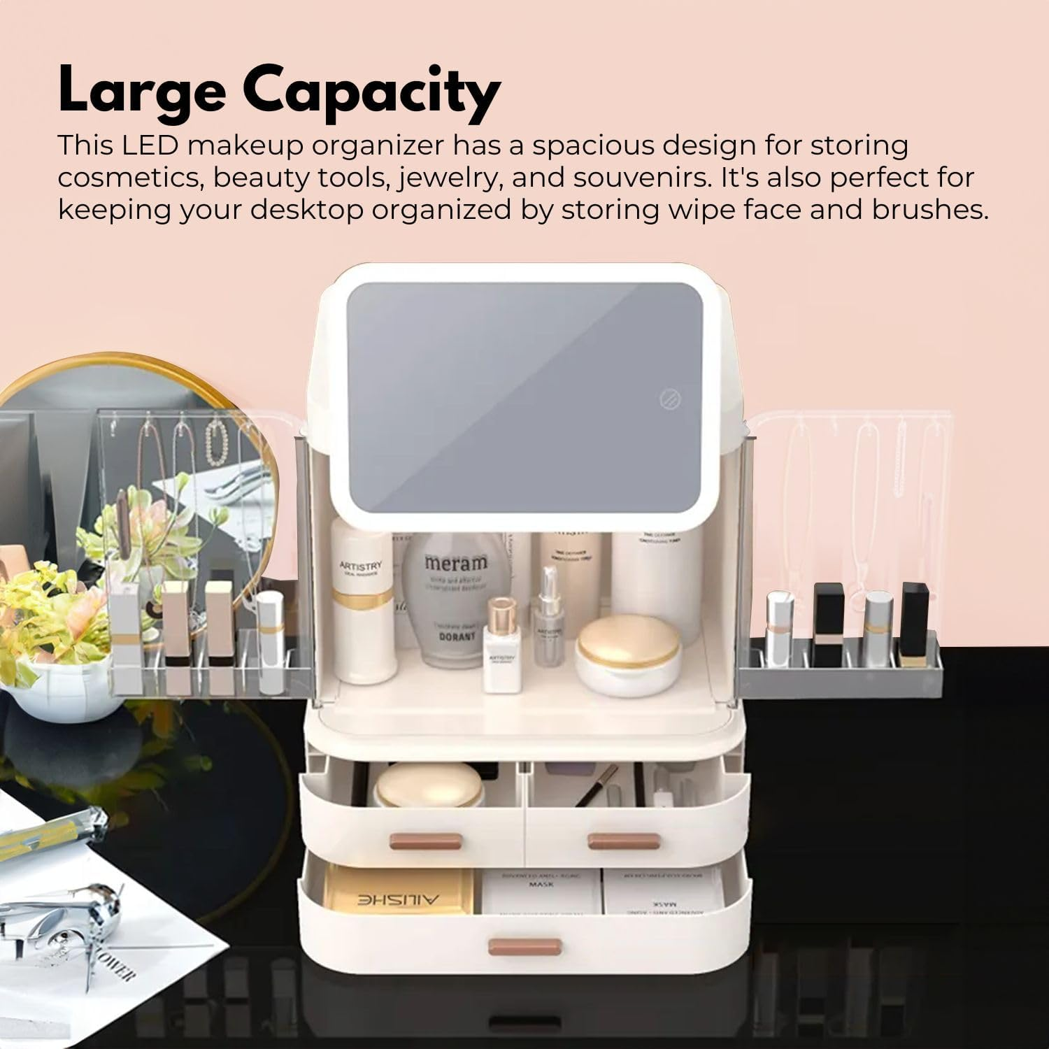 GOMINIMO Large Capacity LED Makeup Organizer with 360&deg; Mirror, Vanity Dresser USB Charging, Skincare, and Jewelry Organizers, Display Cases, Storage, White image number 6