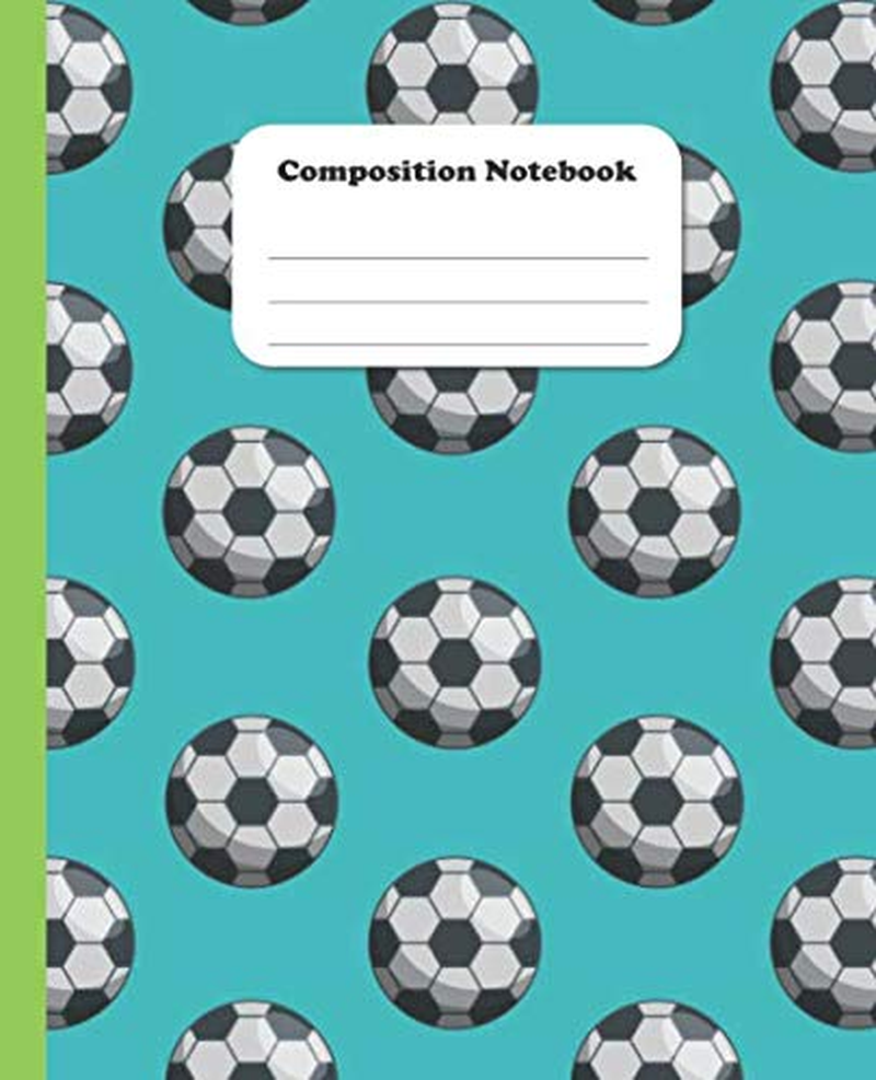 Composition Notebook: Soccer Ball Theme on Teal Glossy Cover (7.5 X 9.25 Inch) with Lime Green Spine & 120 Thematic Soccer Themed Lined Interior Pages