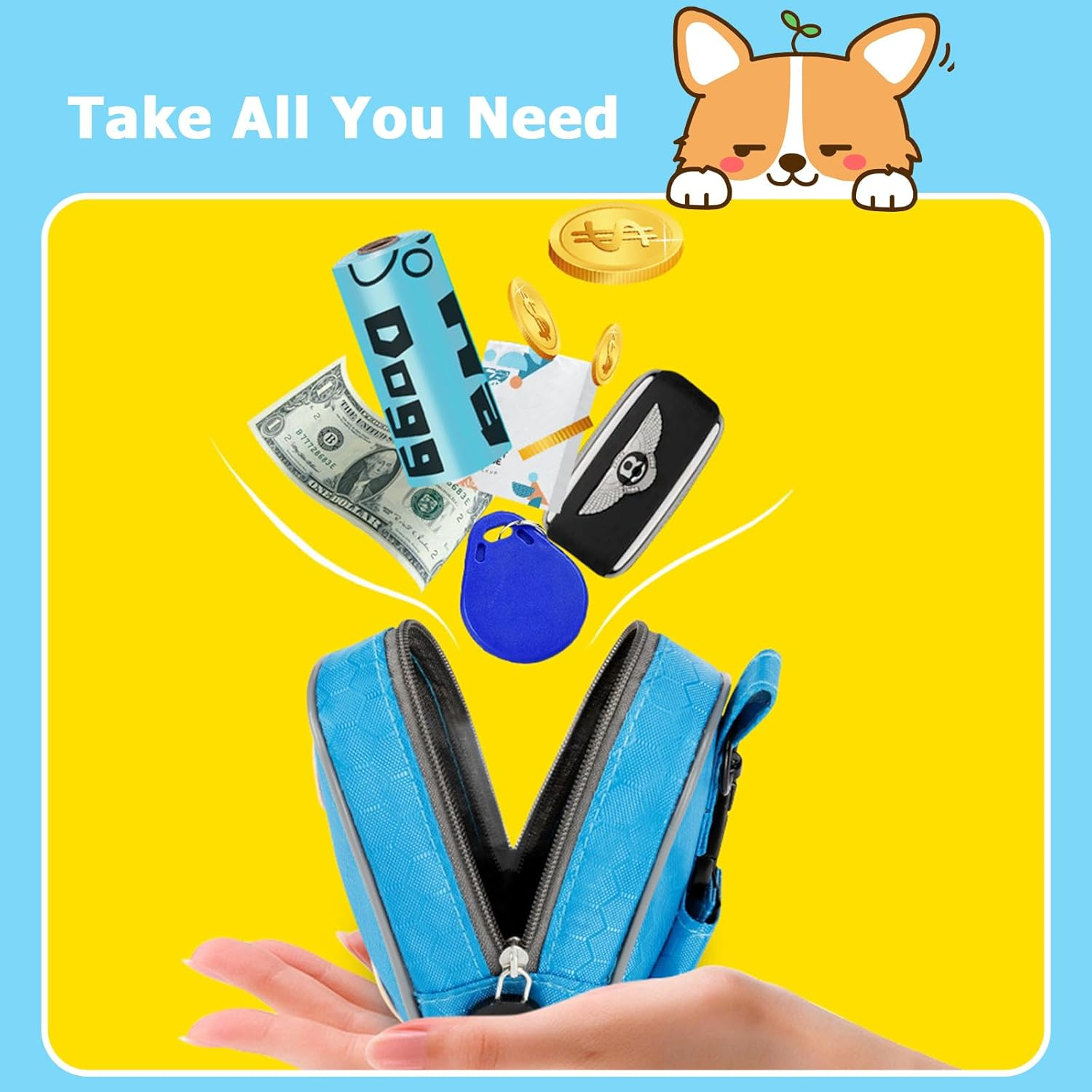 Dog Poop Bag Holder, Zipper Poop Bag with Cute Bone Pattern, Durable Washable Cloth Poop Bag Dispenser | Portable Dog Poo Bags Holder Leash for Walking, Travel & Biking image number 5