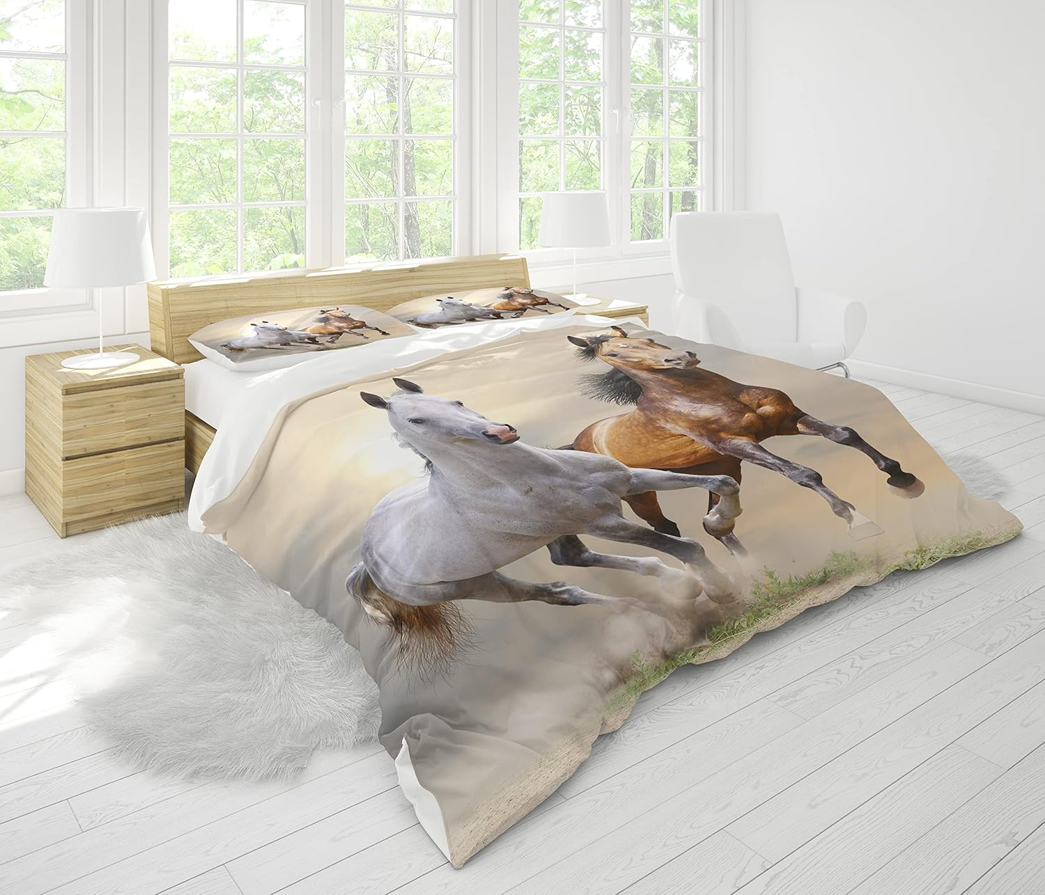 Bedding Set for Horses 3D Print, Children'S Bedding Set, Animal Horses Motif, Microfibre Duvet Cover Set with Zip and Pillowcase 50 X 75 Cm, for Children, Boys, Teenagers (Two Horses, 200 X 200 Cm) image number 4