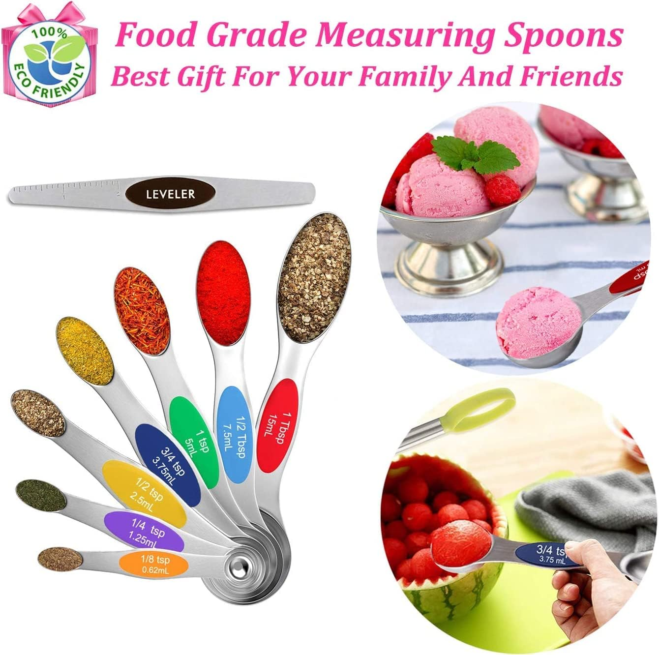 Magnetic Measuring Spoons Set of 8 with Leveler Stainless Steel Stackable Upgraded Colourful Double Sided Teaspoon/Tablespoon/Milliliter Kit for Kitchen Dry/Liquid Ingredients,Fits in Spice Jars image number 1
