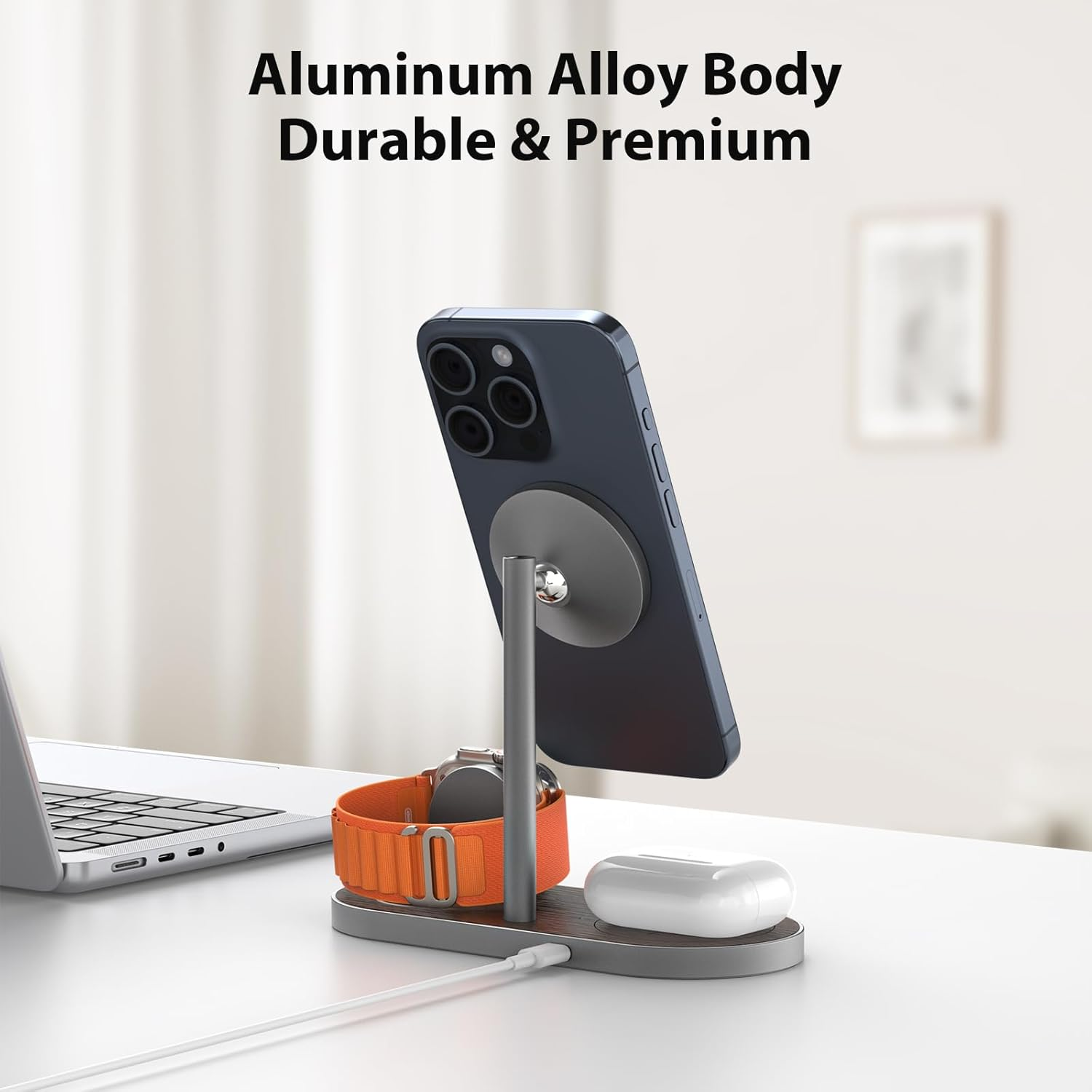 KU XIU X23 PRO Magnetic Wireless Charger Stand, 3 in 1 Wireless Charging Station for Iphone 17/16/15/14/13/12, 5W for Iwatch Ultra/Se/S11-4, Airpods 4/3/2/Pro - Wood Grain