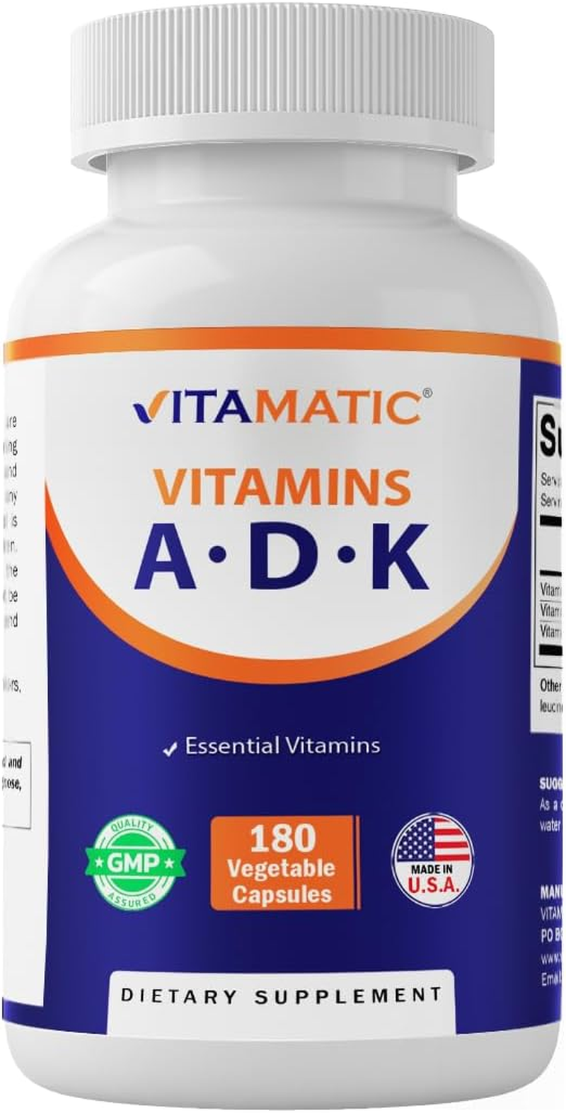Vitamatic ADK Vitamin Supplement, 180 Veg Capsules, High Potency Vitamins A, D3, K2 for Bone Health, Calcium Absorption, Non-Gmo, Gluten Free image number 4