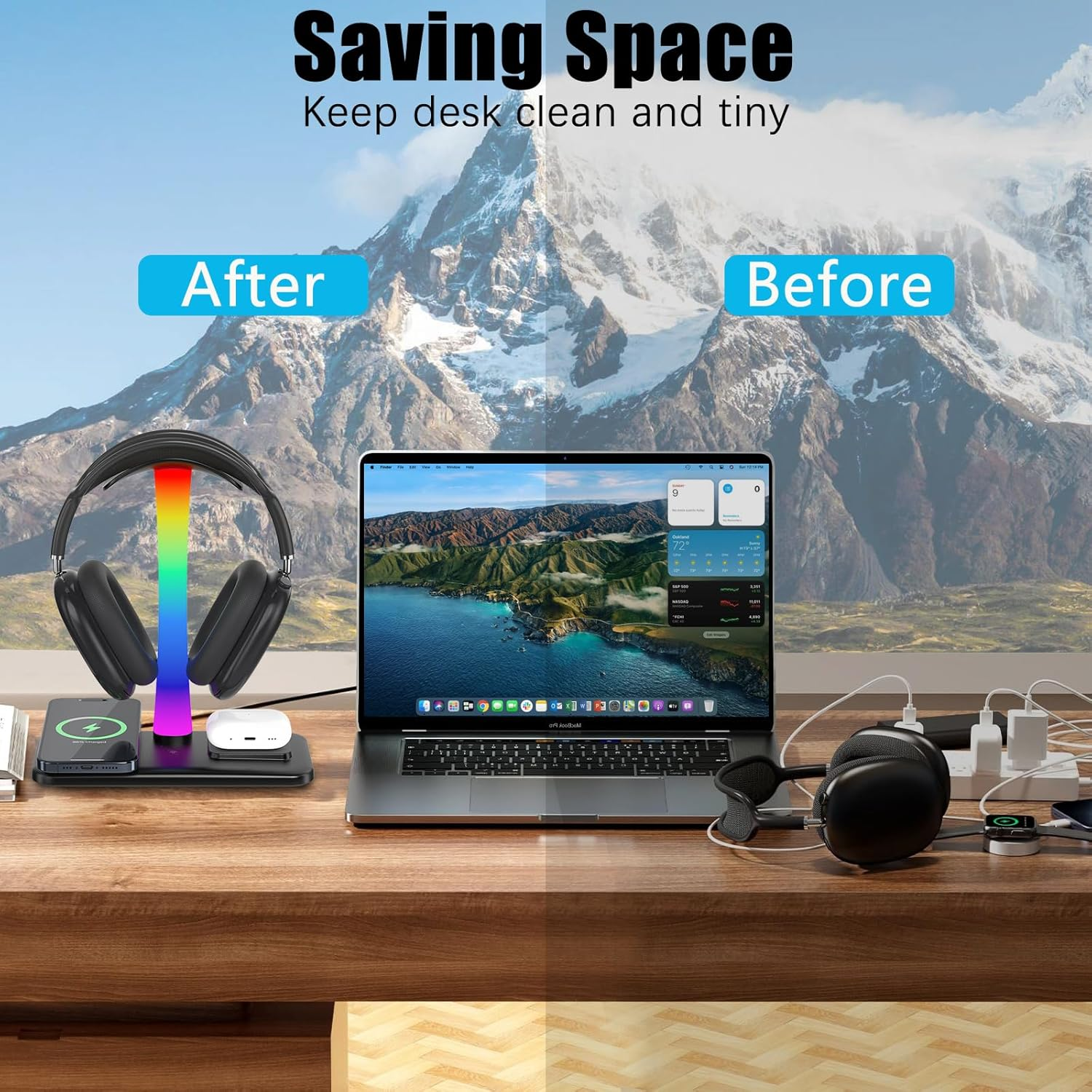 Headphone Stand with Wireless Charger,Gaming Headset Stand with RGB Light Mode,Airpod Max Stand Compatible with Airpod Pro/3/2,Iphone 16/15/14/13/12/11,Samsung,Gifts for Gamers & Music Lover (Black) - Black image number 1