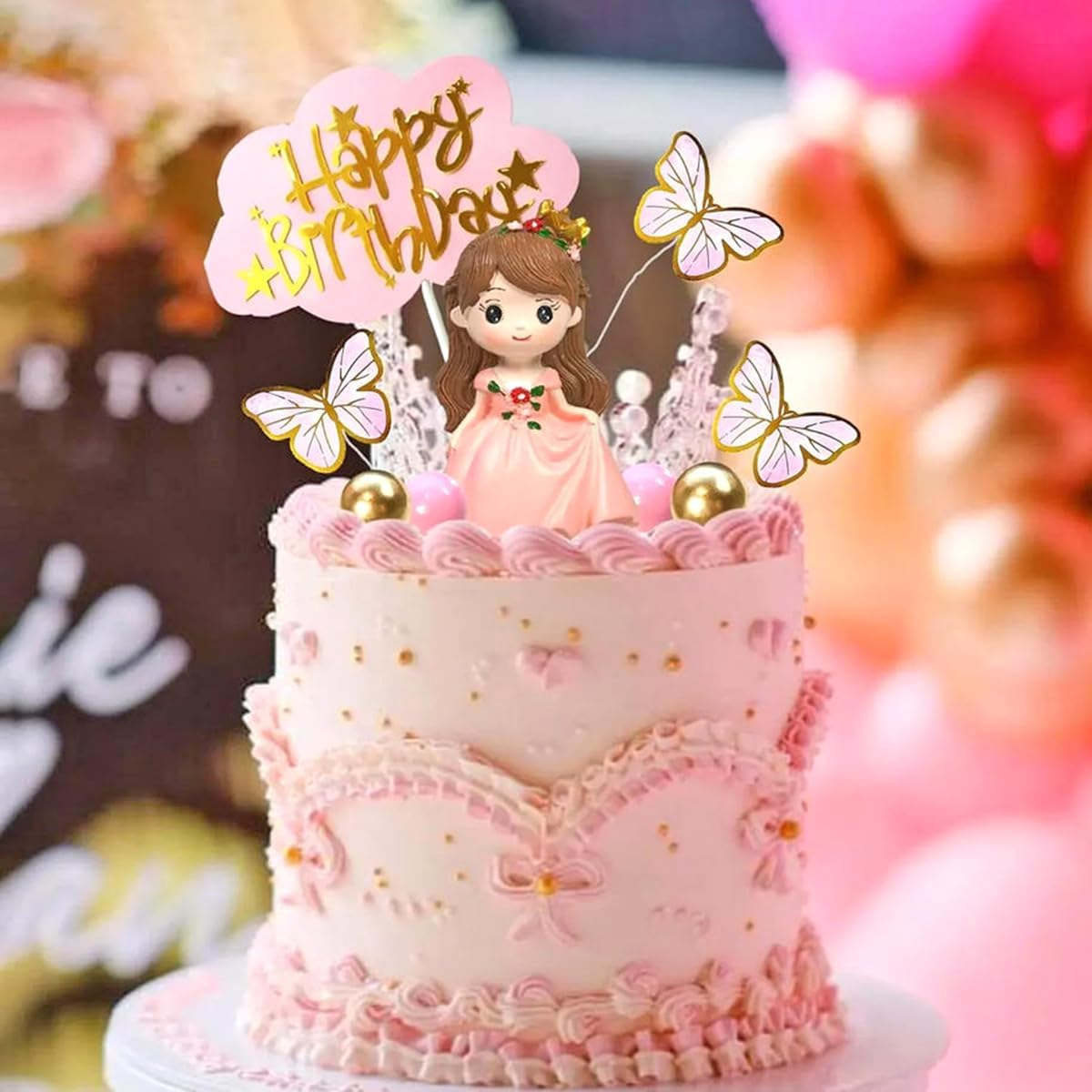 18 PCS Pink Princess Cake Topper Castle Cake Decoration with Butterflies and Balls for Girl Kid Happy Birthday Party Decorations Princess Baby Shower Supplies image number 5