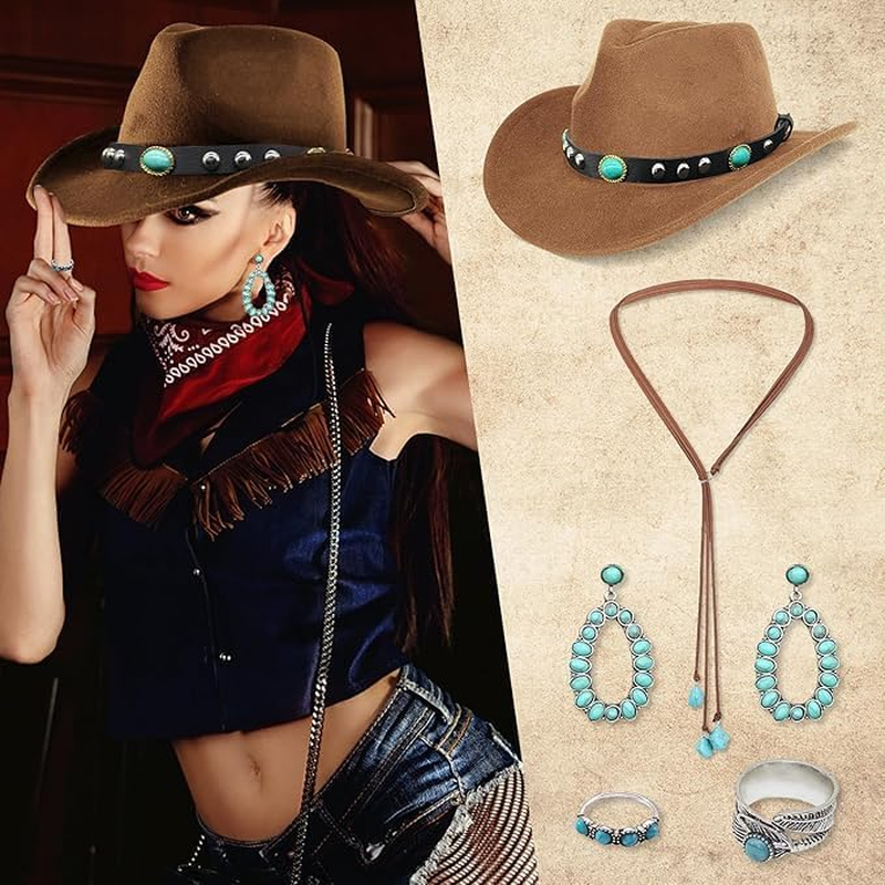 5Pcs Cowboy Hat Accessories for Women, Western Cowgirl Costume Set with Wide Brim Cow Boy Hat Turquoise Necklace Earrings Rings 70S Boho Hippy Fancy Dress for Adult Cosplay Carnival Halloween image number 6