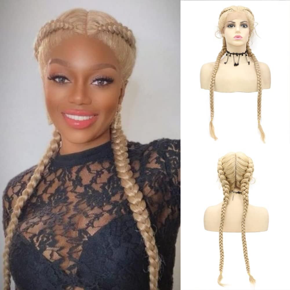 Afbeauty Extra Long Mixed Blonde Dutch Twins Braided Wig for Women Handmade Blonde 613 Lightweight Swiss Lace Front Wig with Baby Hair Heat Resistant Synthetic Double Braids Wig