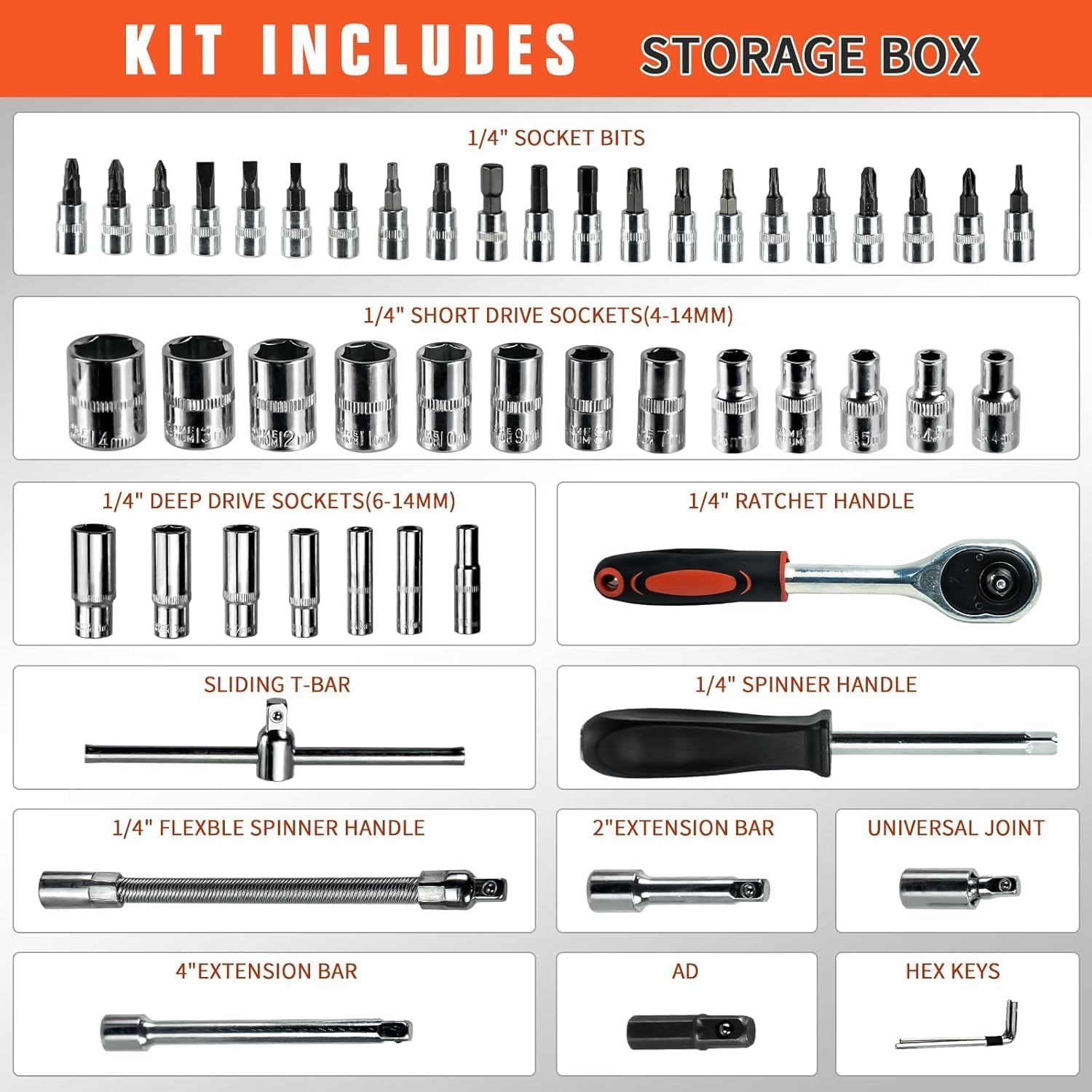 Ratcheting Wrench Set, 53 Pieces 1/4 Inch Drive Socket Ratchet Wrench Tool Set Including Drive Socket Wrench and Extension Bars with Storage Case for Auto Repairing and Household image number 5
