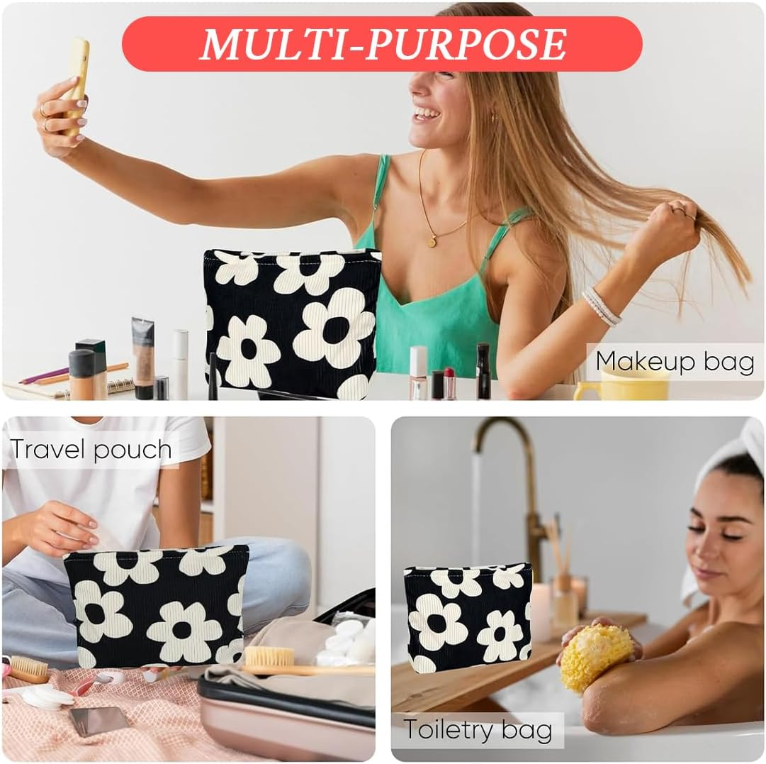 JYNVO Cosmetic Bag Small Flower Make up Bag Women Girls Makeup Bag Organiser for Travel Gift - Black image number 3