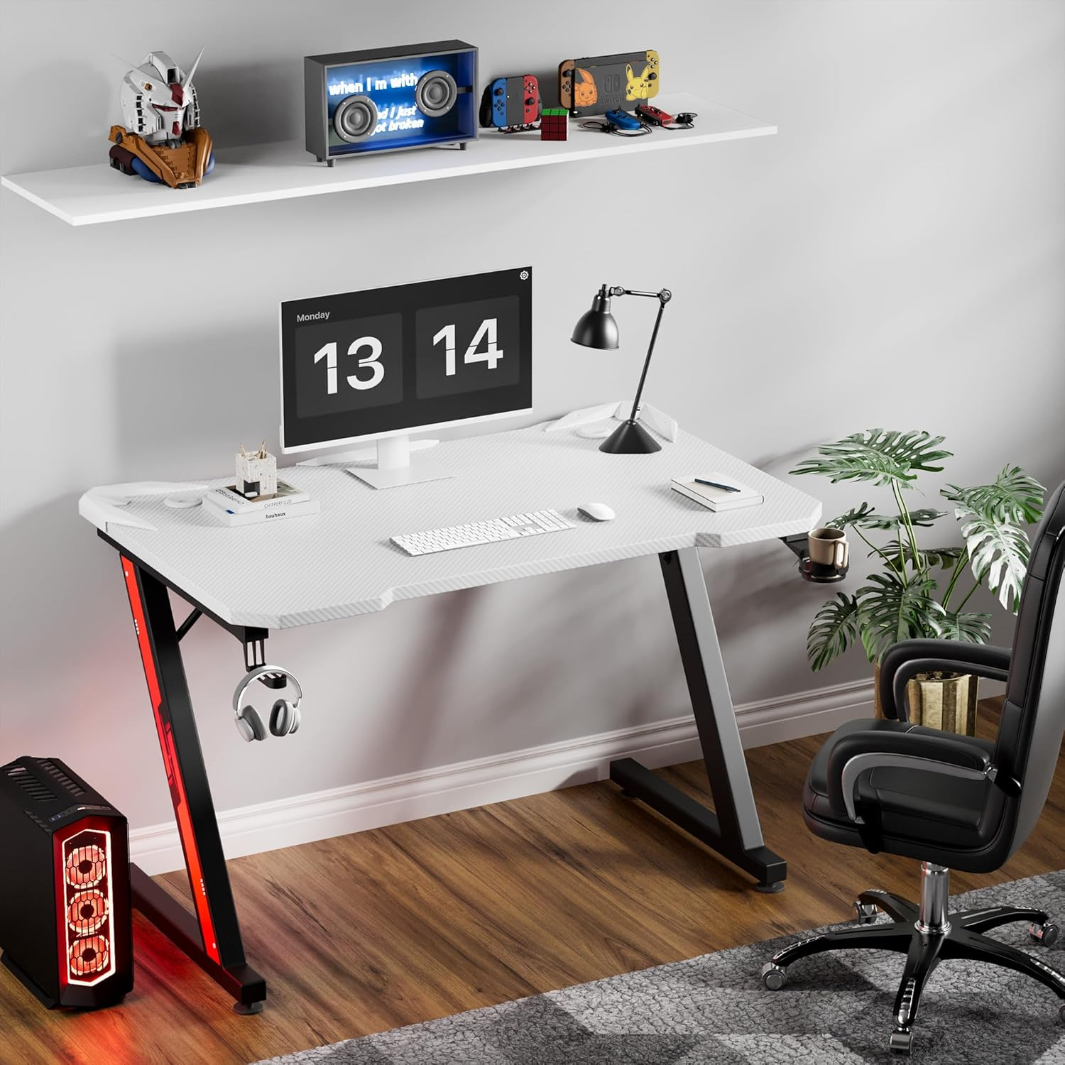 Furmax Gaming Desk Computer Desk Z-Shaped Gaming Table with Carbon Fibre Surface Home Office Desk PC Workstation Desk with Cup Holder, Headphone Hook Modern Style Desk (White, 44 Inch) image number 5
