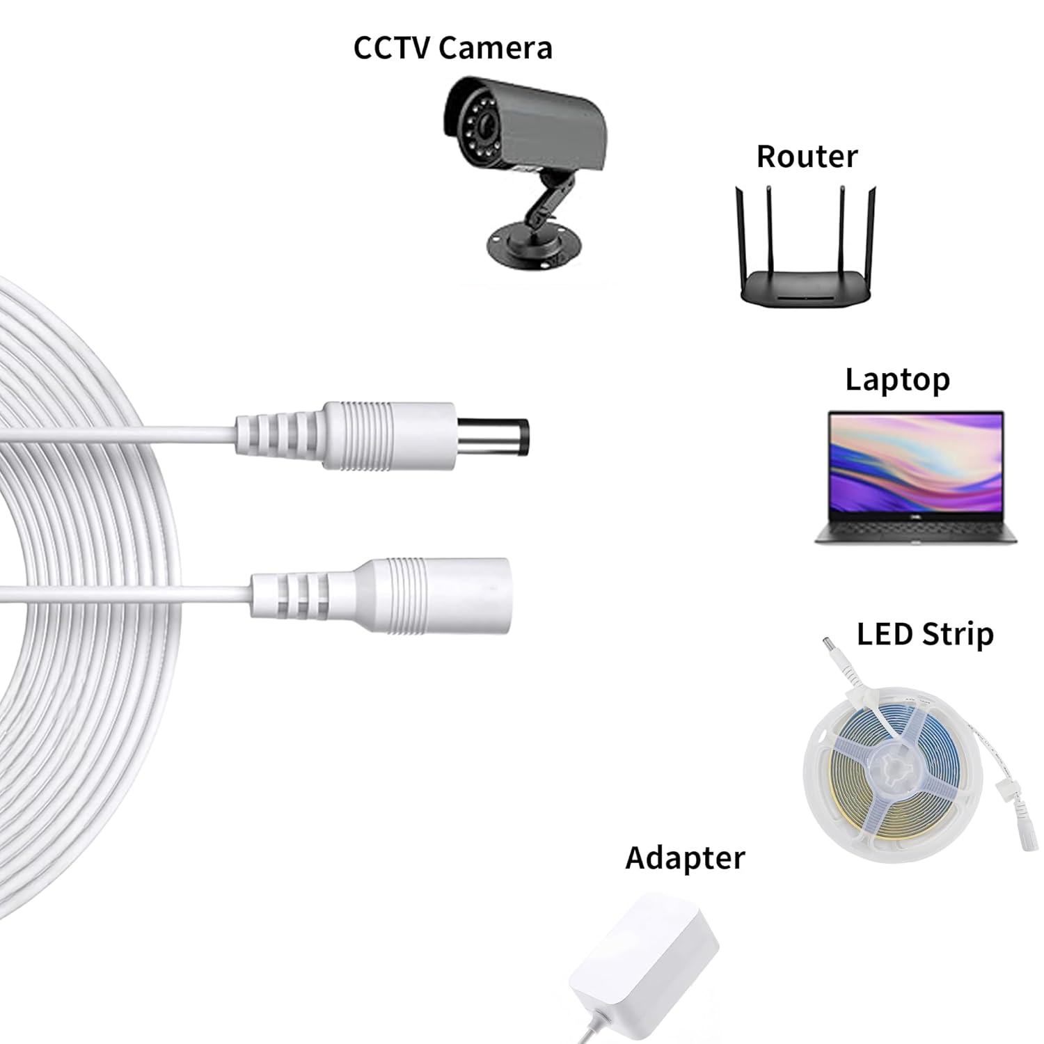 Clearhill 5M 2Pcs DC Power Extension Cable,5.5Mm X 2.1Mm Female to Male Power Cord for LED Strip Light,Security Camera Dvr,Router, 5V 6V 9V 12V 24V DC Power Supply Adapter and More(White) image number 6