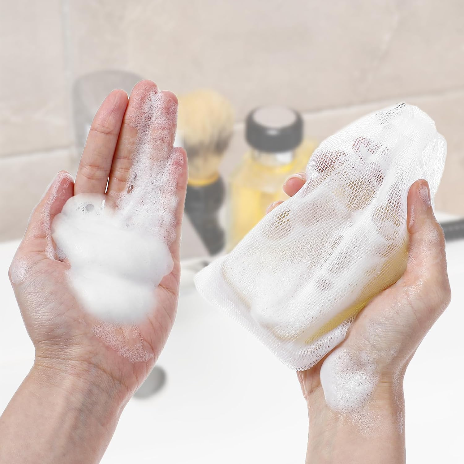 6 PCS Exfoliating Mesh Soap Pouch Soft Soap Bag with Drawstring for Shower Double Layer Thicken Foam Net Bubble Foam Net Soap Sack Saver Pouch, White image number 1