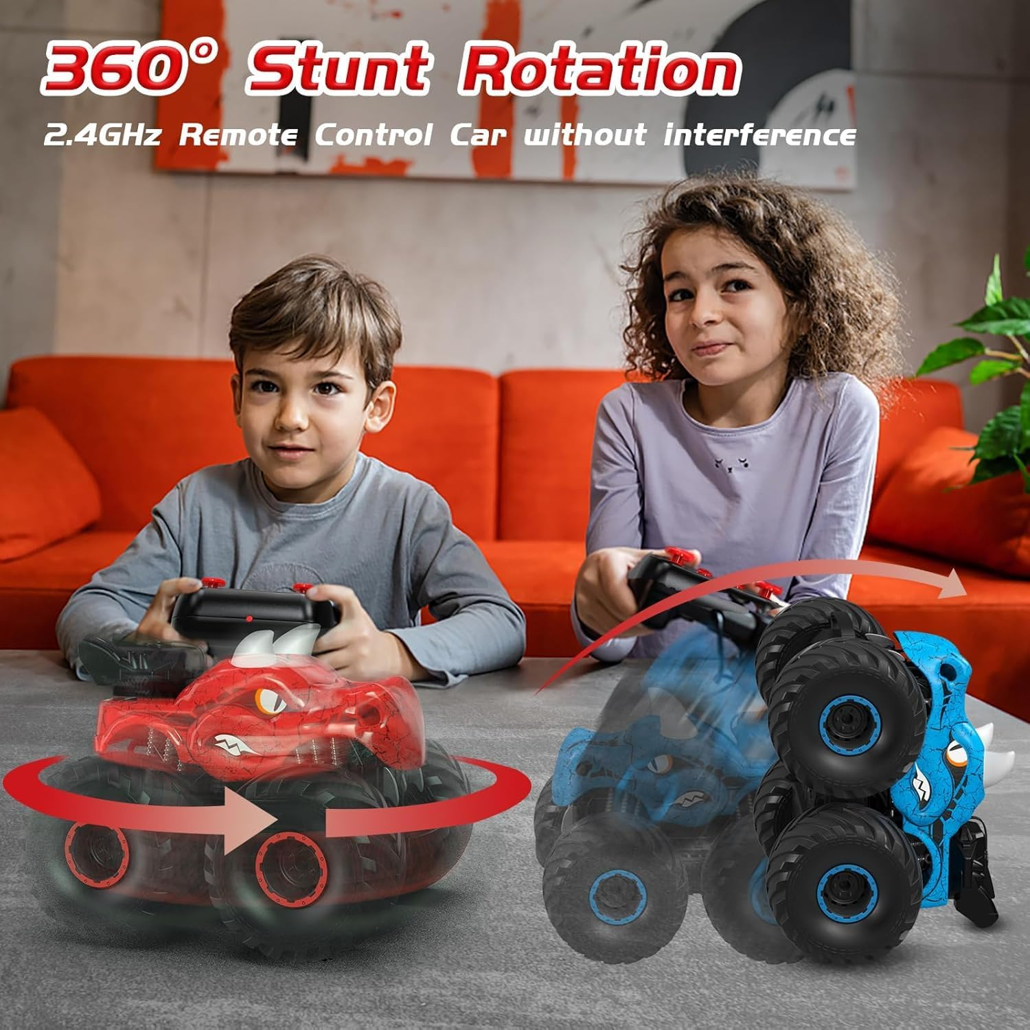 Remote Control Dinosaur Car, 2.4Ghz RC Monster Trucks for Boys with Spray, Light & Sound, All Terrain RC Cars with 2 Batteries, Dinosaur Toys for Kids 3 4 5 6 7 8, Christmas Birthday Gift (Red) image number 3