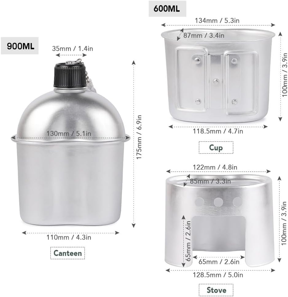 Military Canteen Set of 4, Canteen Cup Stove Pouch Kit, Multi-Functional Water Bottle, Portable Aluminum Cookware Kit, for Outdoor Camping Survival Hiking Backpacking