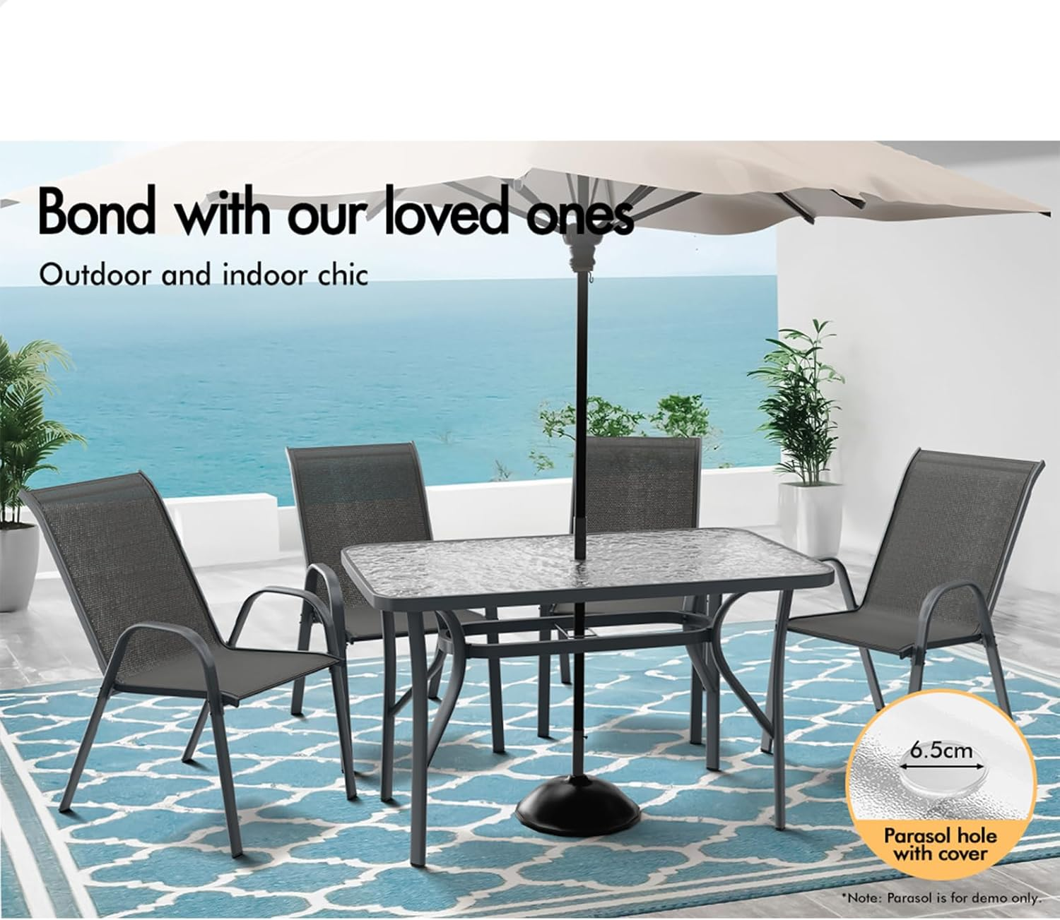 ALFORDSON Outdoor Dining Set, 5 Pcs Garden Patio Furniture with Patio Table and Chairs, All-Weather Textilene Fabric Indoor Bar Set for Patio, Garden, Lawn, Balcony and Swimming Pool Side, Grey Color image number 6