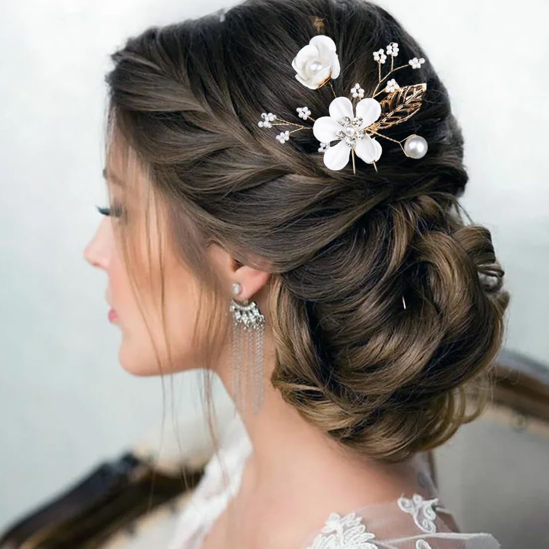 OUDQFCJ Pack of 4 Wedding Hair Pins, Flower Pearls Bridal Hair Accessories, Silver Bridal Jewellery, Hair U-Shaped Wedding Hair Clips for Women and Girls image number 2