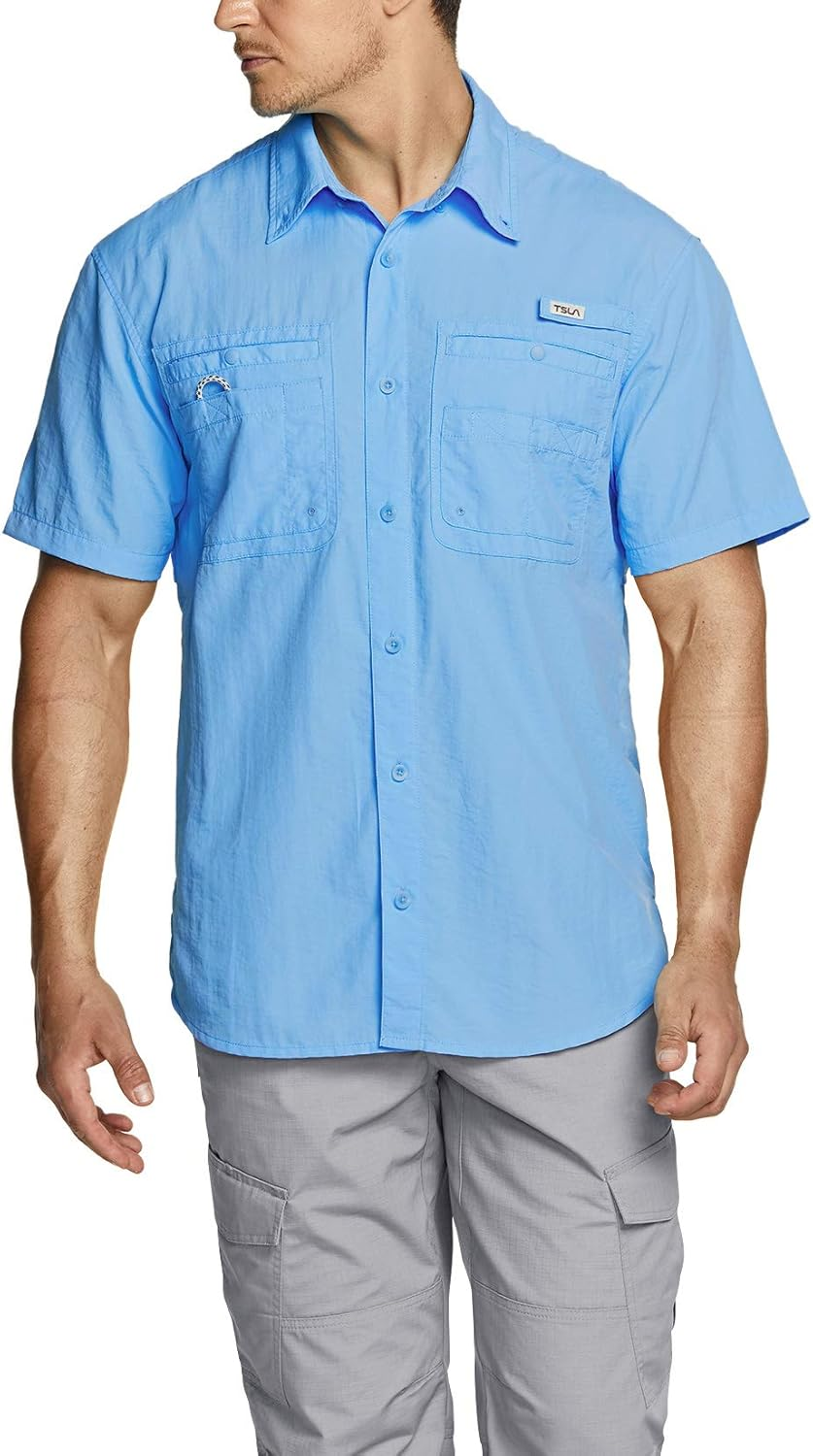 TSLA Men'S Performance Fishing Shirt, UPF 50+ Breathable Button down Shirts, Outdoor Recreation Short Sleeve Shirt