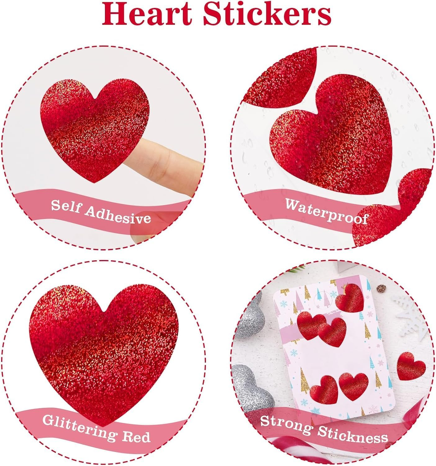 Glitter Red Heart Stickers, 500Pcs Roll, Red Glitter Heart Stickers, Waterproof, Easy to Use, Cute Foil Stickers, Multi-Purpose Gift Stickers image number 6