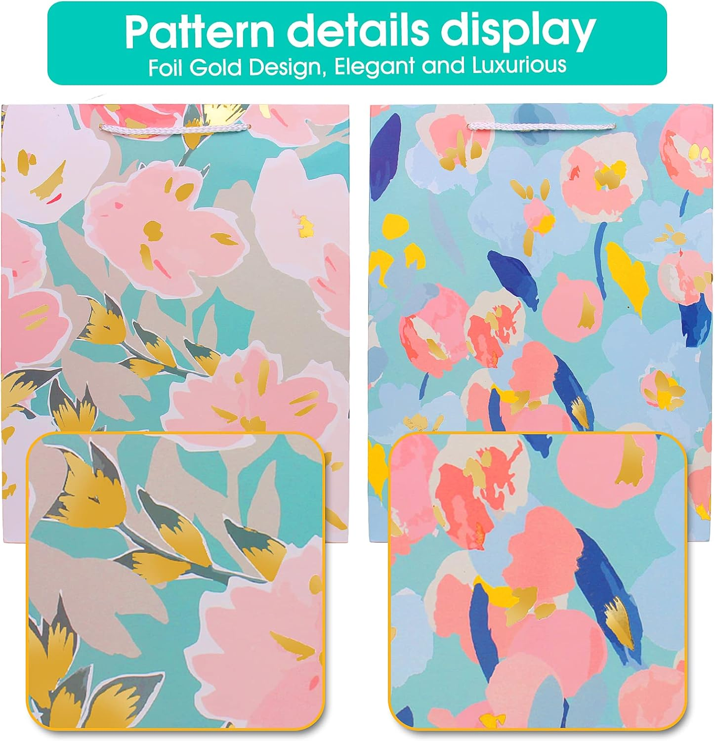 Gift Bag for Women Girl Her,Large Gift Bag with Tissue Paper,Elegant Birthday Gift Bag with Flower Foil Gold Marking,Big Gift Bag Birthday Gift Wrap Bag,Birthday Bag Present Bag for Birthdays Mother'S Day Bridal Shower Wedding Retirement Anniversarie Engagement Any Occasion - Turquoise,Pink image number 3