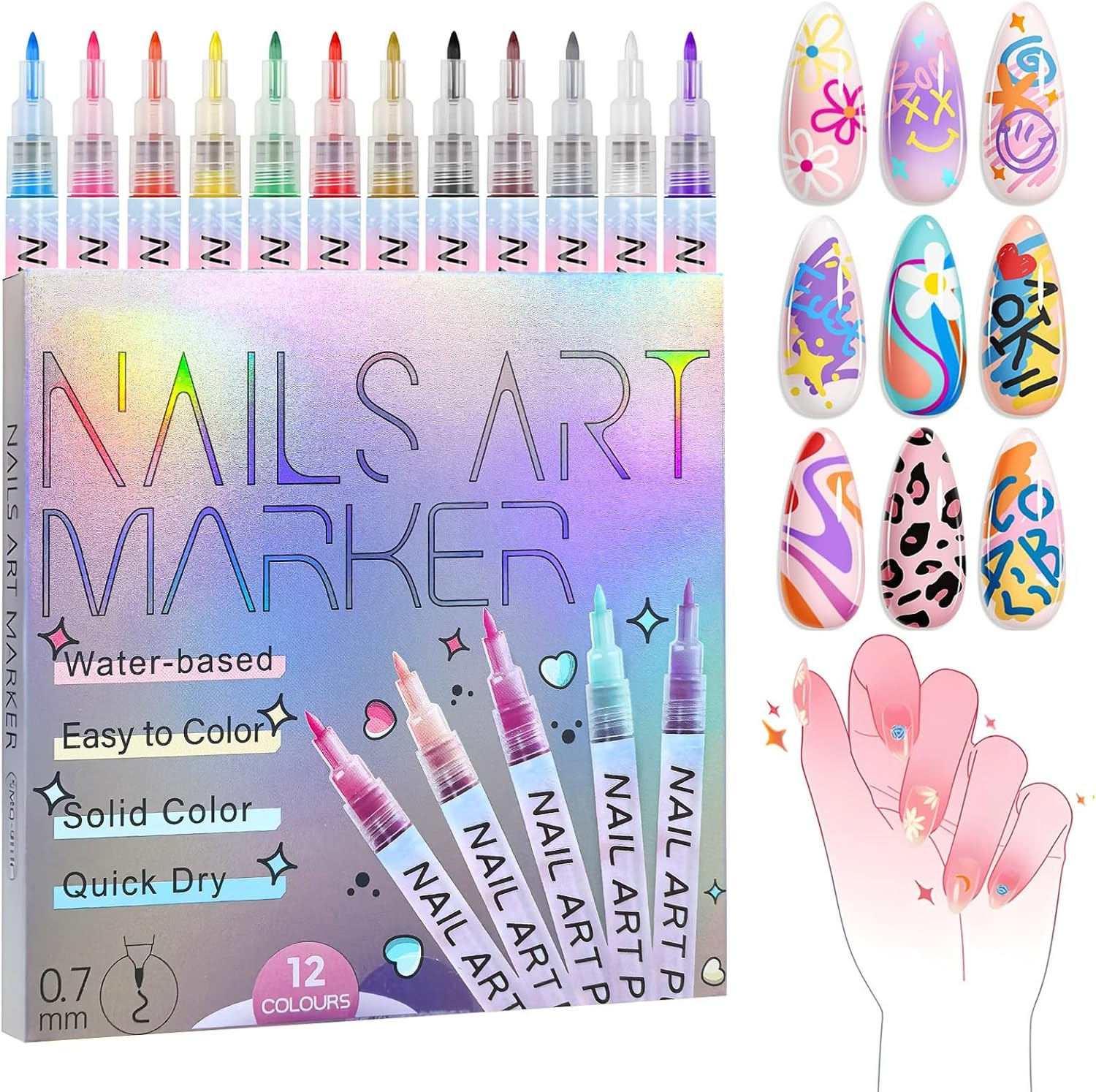 12 Colors Nail Art Pens Set, 3D Nail Polish Markers with 0.7Mm Fine Tip, Quick-Dry Acrylic Paint Pens for DIY Nail Art Design, Dotting, Painting | Professional & Beginner Manicure Tools for Home Salon image number 3