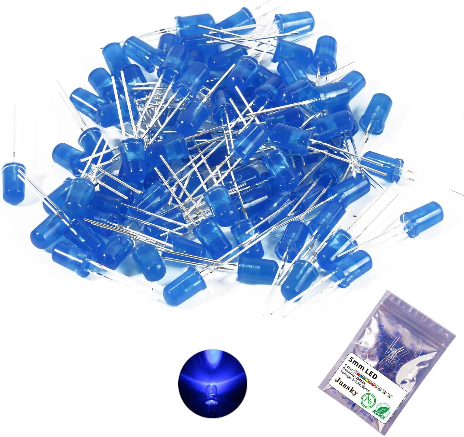 Juasky 150Pcs 5Mm LED Diode Lights,Light Emitting Diodes,Blue LED for Science Experiment DIY Projects