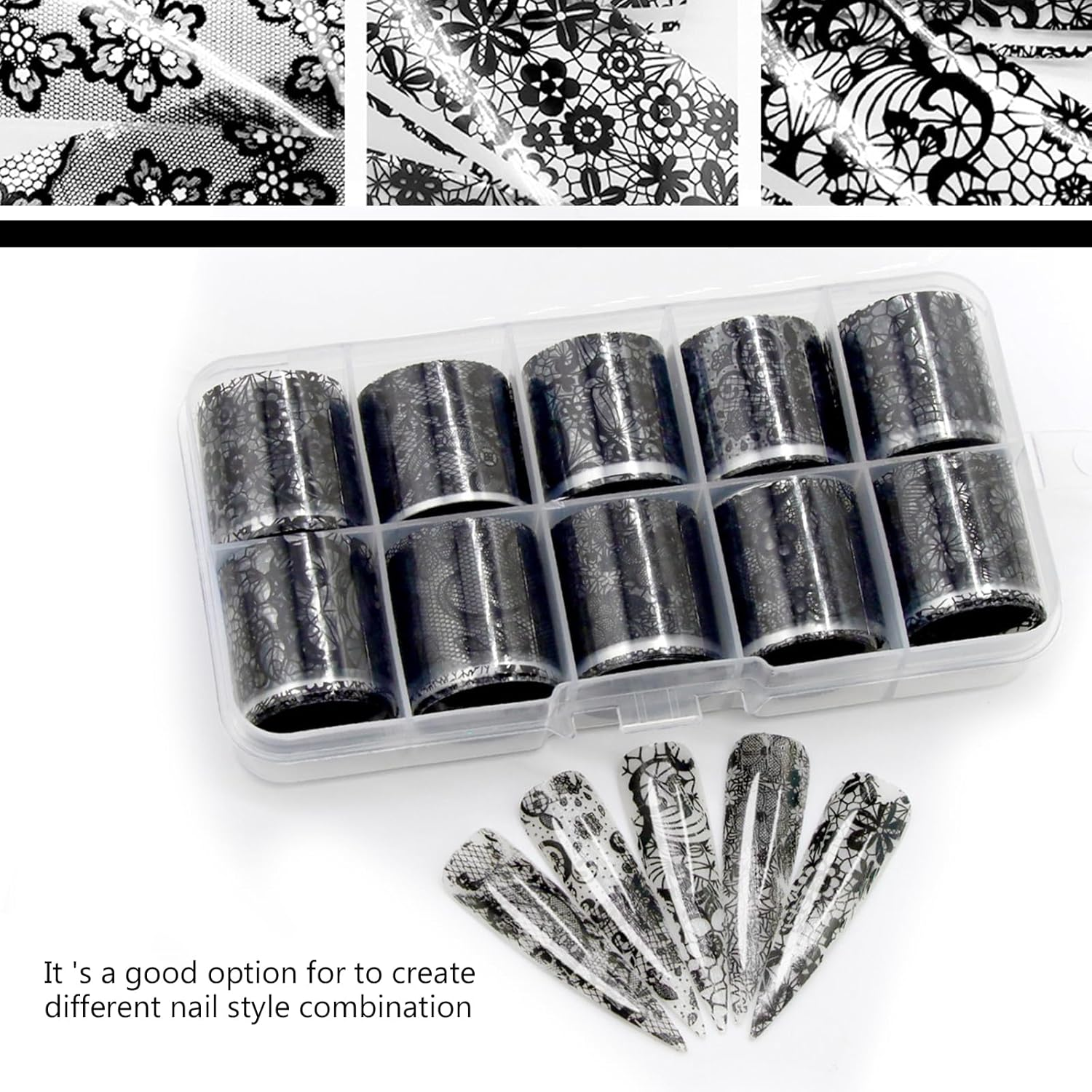 Xlihdzum 20 Rolls Nail Foil Transfer Stickers Lace Foils Black White Flower Foils - Nail Art Stickers Nail Supplies Nail Stickers for Nail Art for Women Nail Decorations DIY Arts Manicure (Style1) image number 4
