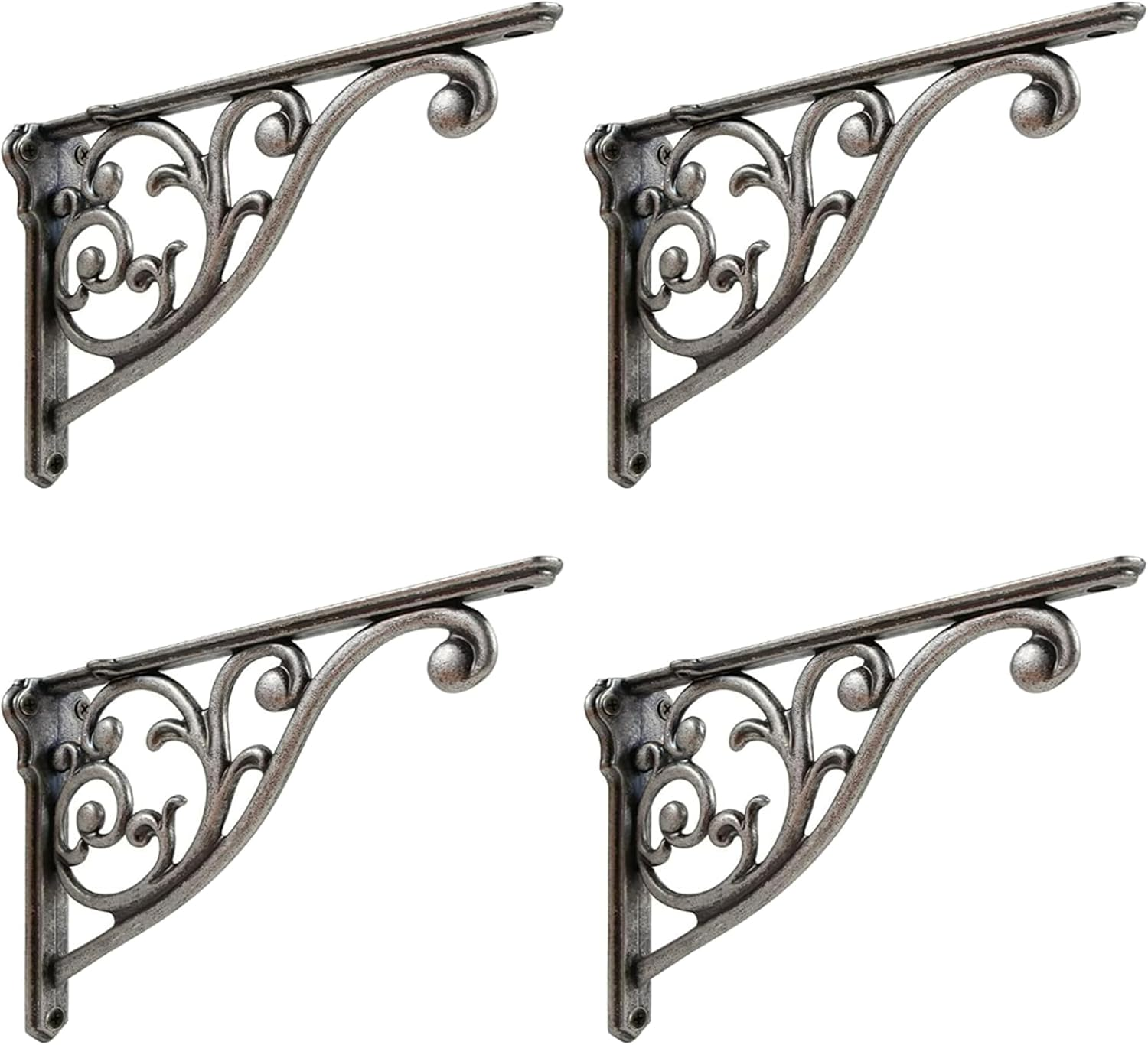 Khtumeware 2 Pack Brushed Satin Nickel Shelf Bracket 5 Inch, Decorative Brackets for Shelving, Heavy Duty Vintage Ornate Shelf Bracket, Hardware Included,4.92X3.5X1.73 Inch