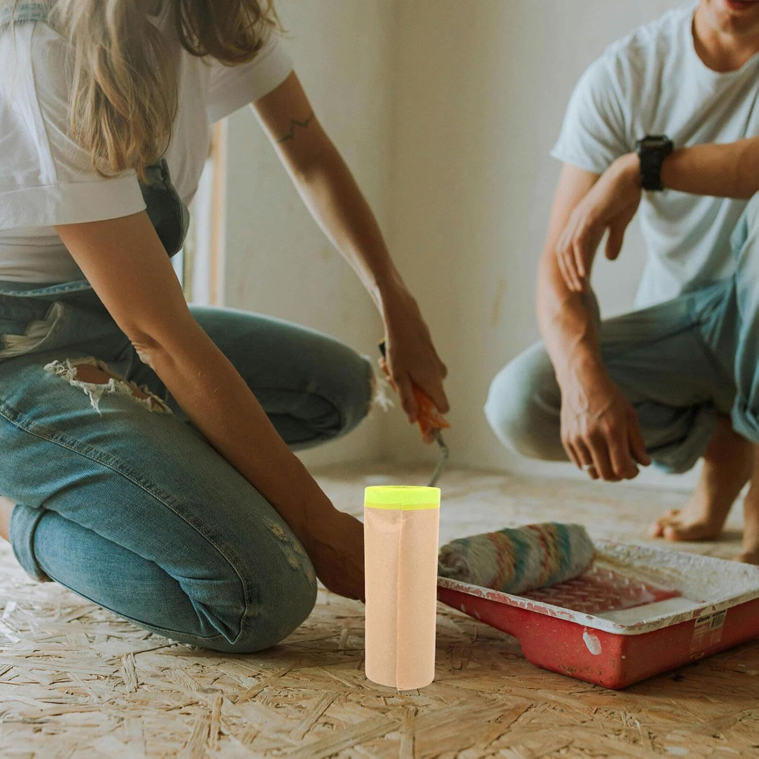 Housoutil 1Roll Automotive Masking Paper Adhesive Protective Film for Painting Projects and Home Renovations Suitable for Furniture Floors Cars and More of Kraft Paper image number 3