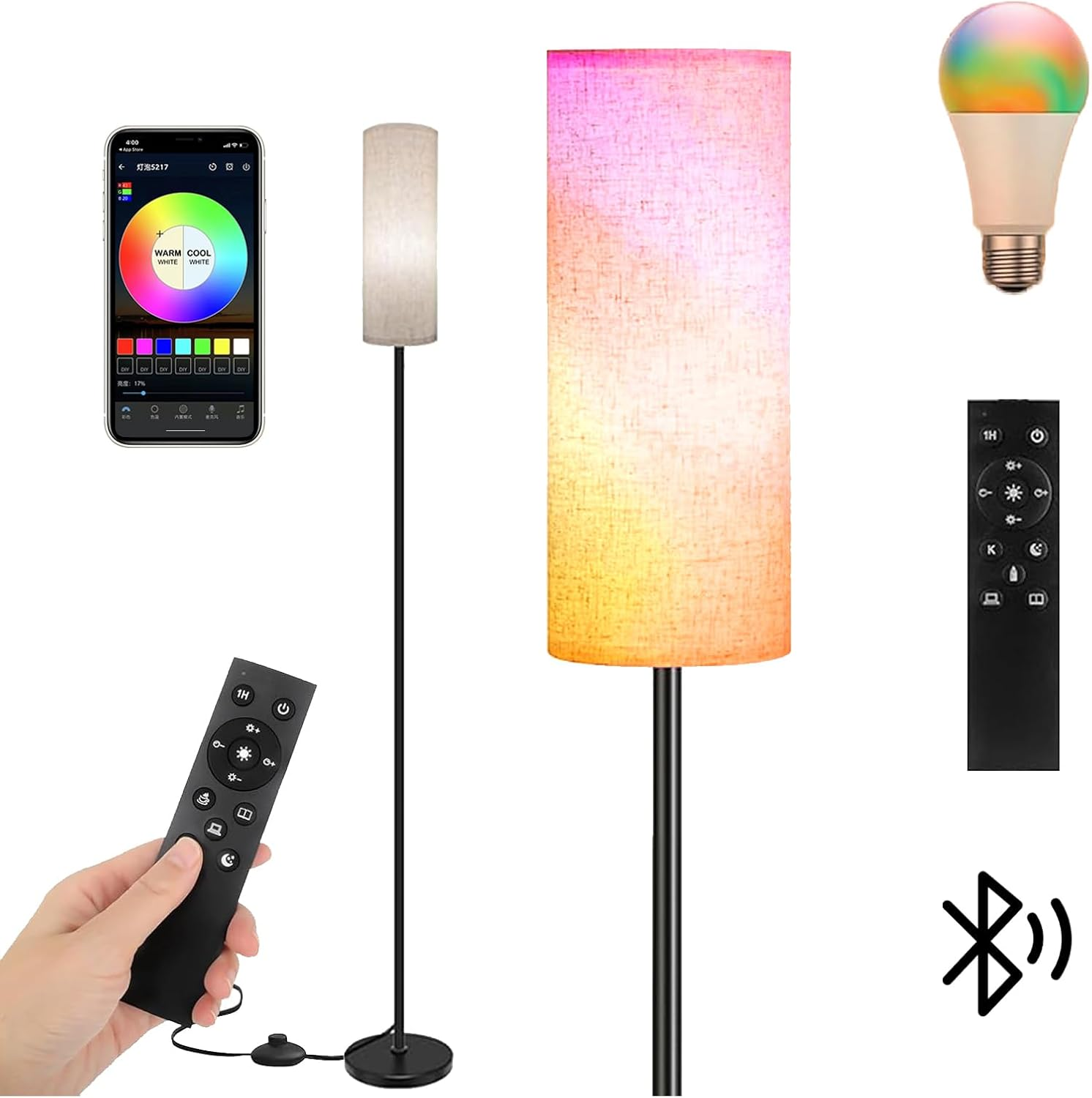 TNGAMFGT Floor Lamps for Living Room, 9W RGB LED Bulb, Standing Floor Lamp for Living Room Bedroom Office Corner, Dimmable 3 Color Temperature Floor Lamp with Remote Control, Foot Switch, Beige Shade image number 3
