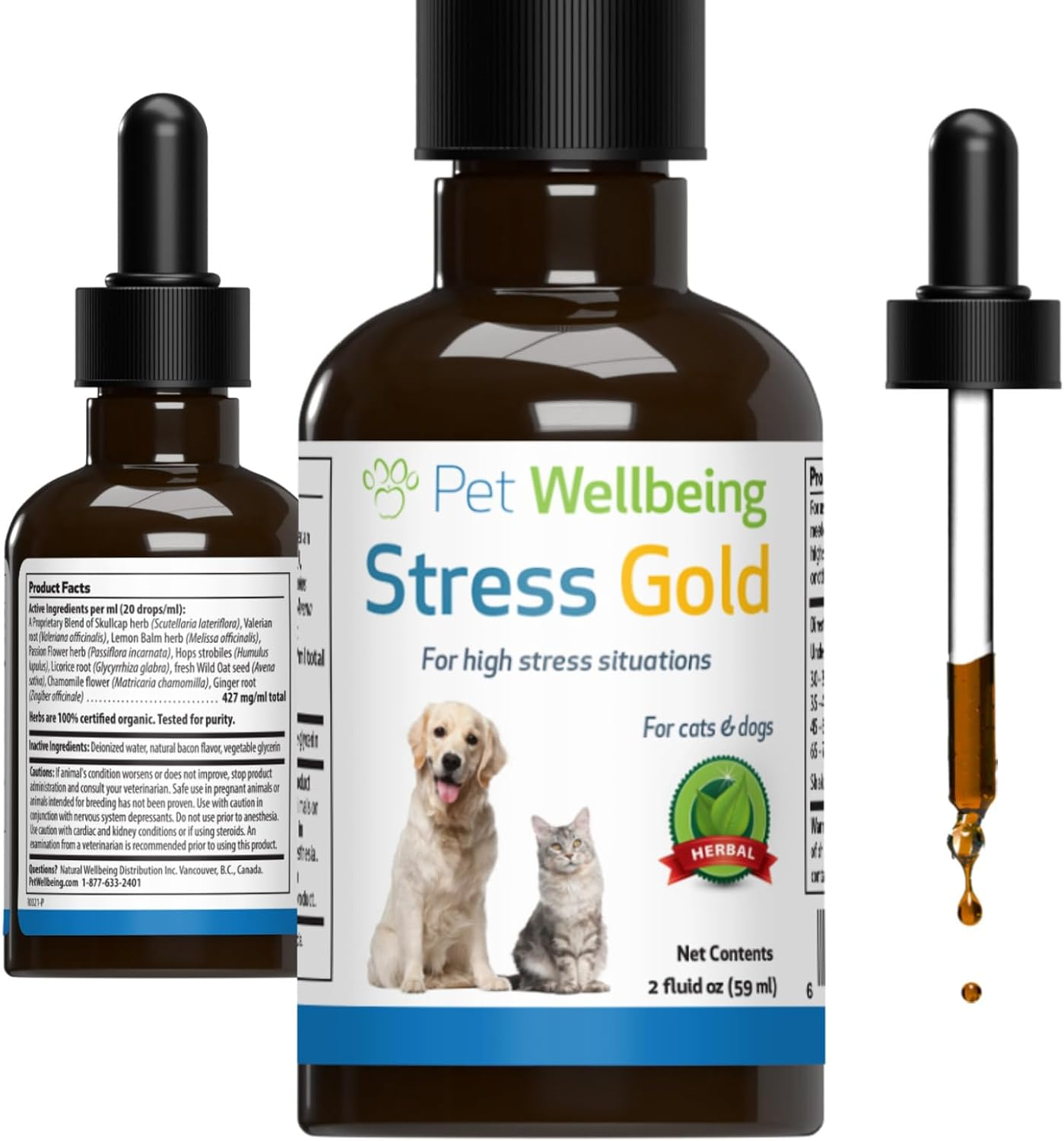Pet Wellbeing Stress Gold for Cats - Occasional High Stress and Restlessness, Supports Relaxation, Travel, Vet Trips, Skullcap, Valerian - Veterinarian-Formulated Herbal Supplement 2 Oz (59 Ml) image number 5