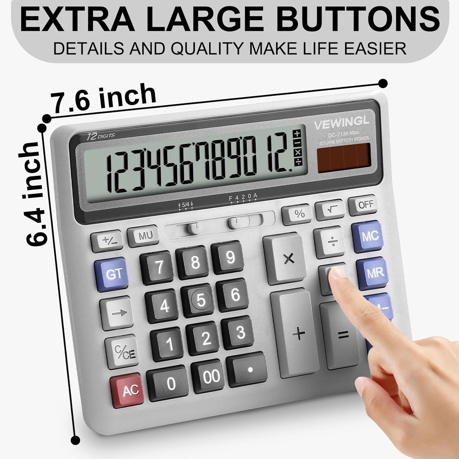 VEWINGL Desk Calculator 12 Digit, Large Computer Keys,Desktop Dual Power Battery and Solar, Calculator with Large LCD Display for Office,School, Home & Business Use,Automatic Sleep.7.6 * 6.4In - Retro Gray image number 6