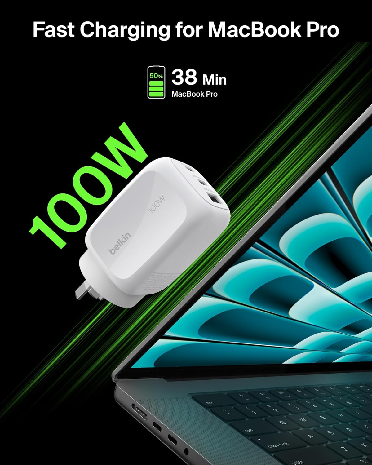 Belkin 3-Port USB C Charger Block 100W, Multi-Port Gan Wall Charger W/ 2X USB C Ports & 1X USB-A Port, Fast Charging for Macbook, Iphone 16, Ipad Pro, Samsung Galaxy S25, Google Pixel, & More - White image number 5