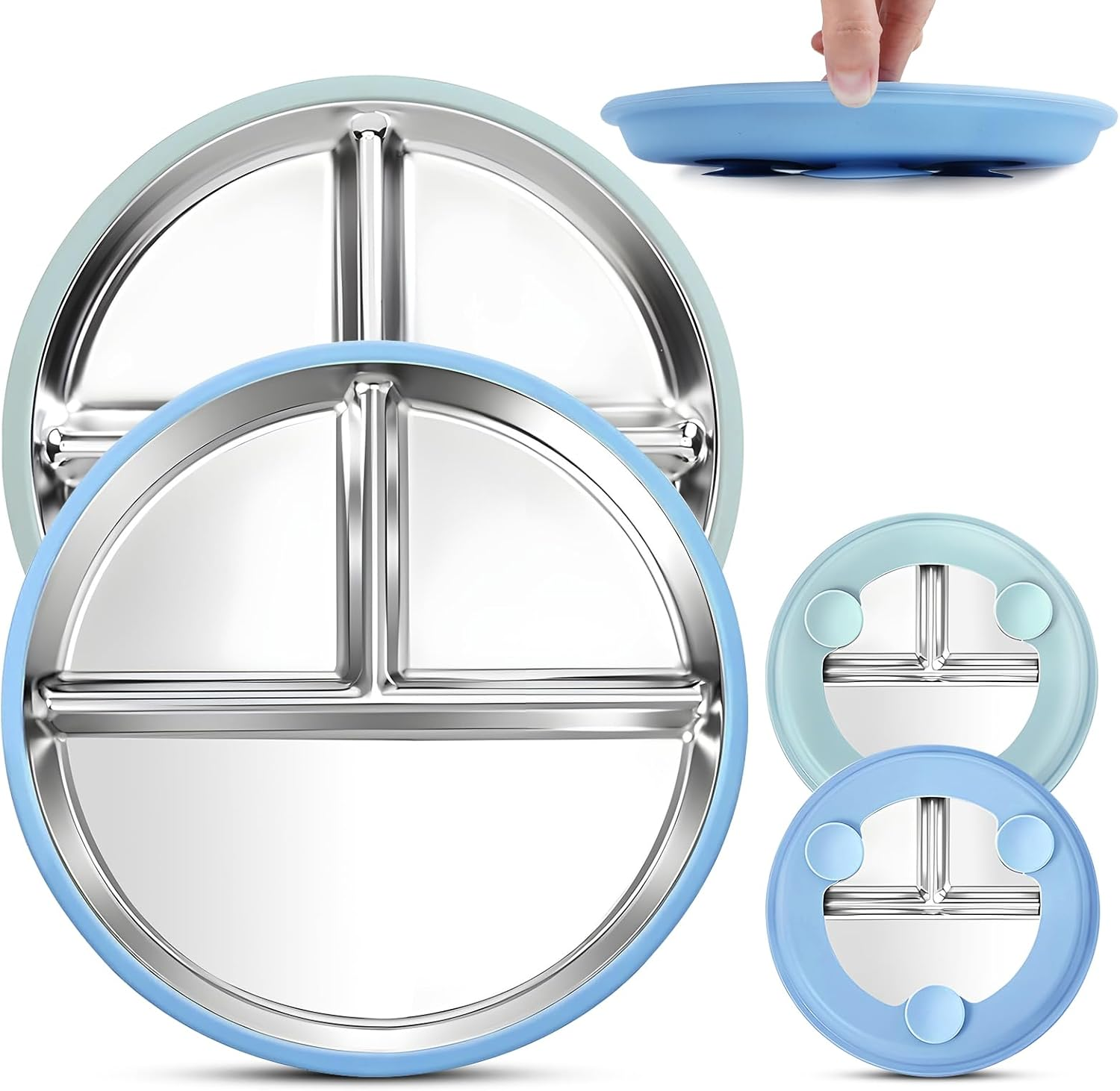 ZCOINS 2 Pack 9" Stainless Steel Plates with Suction, Divided Suction Stainless Steel Plates with Removable Silicone Base, 3 Compartments, Non-Slip Metal Dinner Dishes with Dividers image number 4