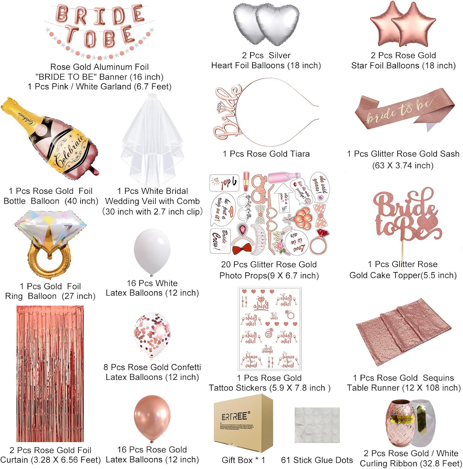Bachelorette Hens Party Decorations, Rose Gold Bridal Shower Party Decor and Supplies Kit - Includes Glitter Bride Sash, Bride to Be Balloons, Tiara, Flash Tattoos, Fringe Curtains