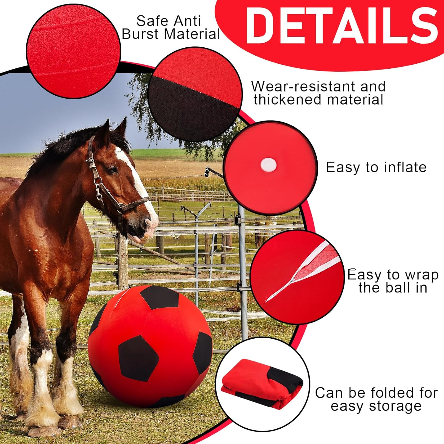 Vercanmonth Giant Herding Ball with Ball Cover anti Burst Ball Please Watch VCR for How to Inflation Horse Toys for Horses Stall Entertainment Play, Pump Included(Red Color,40 Inches) image number 2