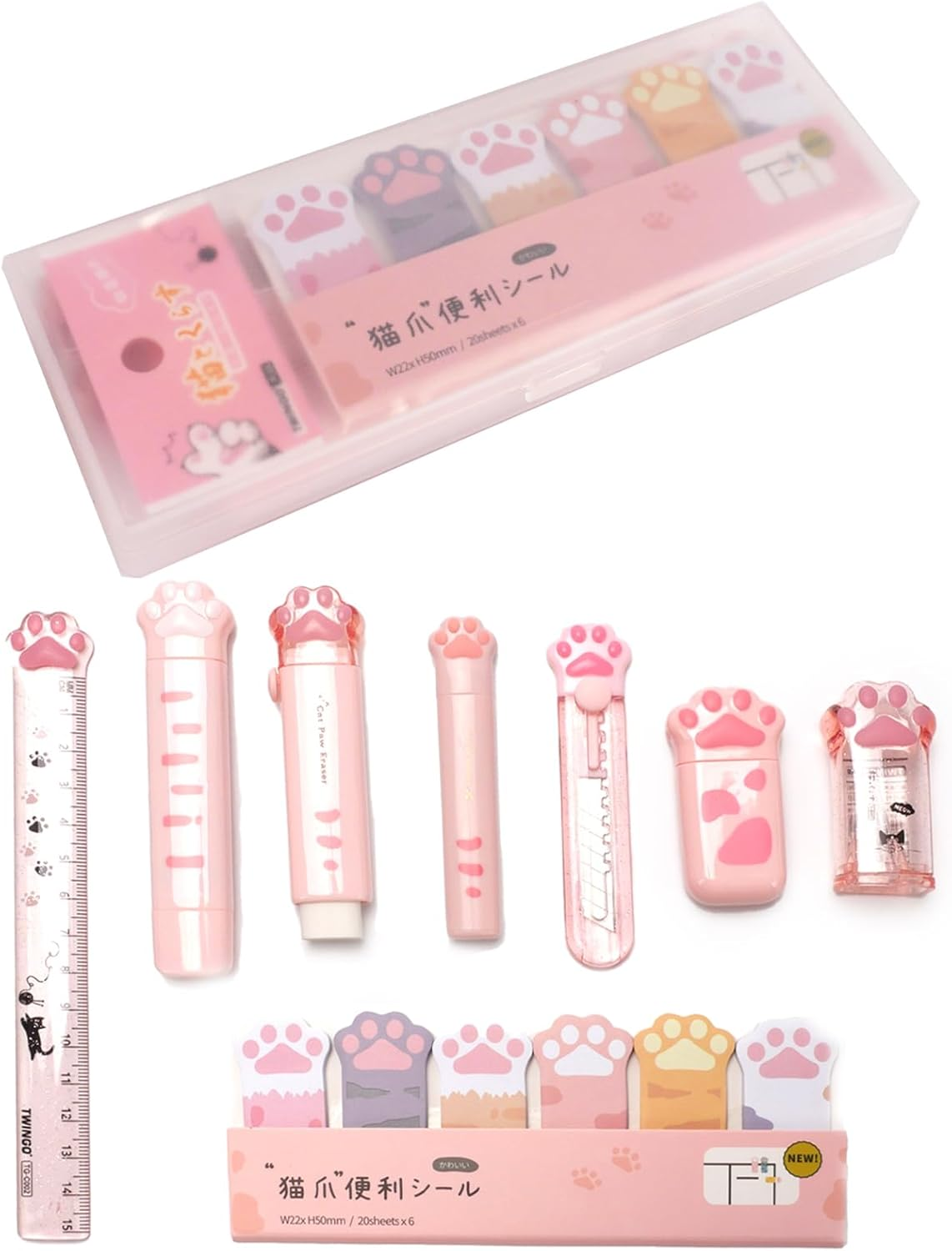 VANANA 9 Pcs Cute Cat Paw Stationery Set Pencil Sharpener Retractable Eraser Correction Tape Sticky Notes Ruler Mini Scissors Utility Cutter School Office Supplies(Pink) image number 6