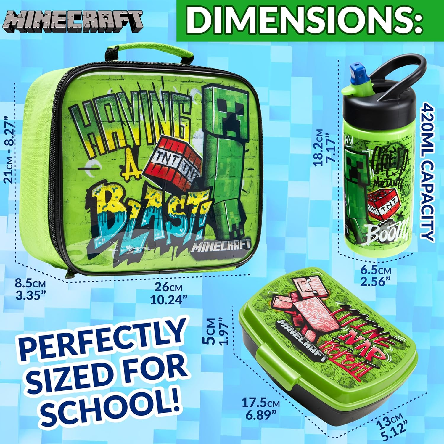 Minecraft Insulated Kids Lunch Bag Lunch Box and Kids Water Bottle 420Ml, 3 Piece Set for School or Travel, Gamer Gifts image number 1