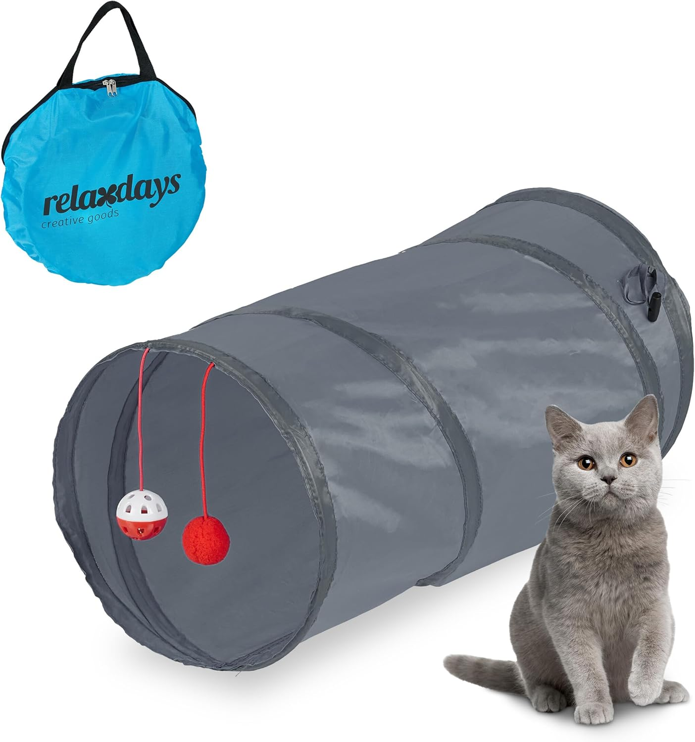 Relaxdays Cat Tunnel Foldable W X D: Approx. 48 X 26 Cm, Cat Tube with Toy and Bag, Interactive Play Tunnel, Grey