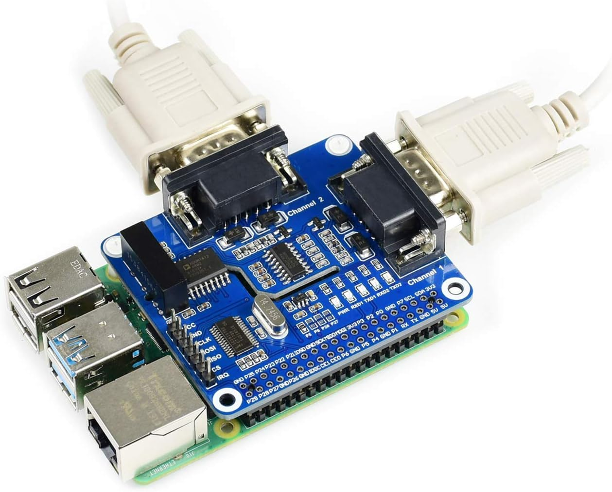 2-Channel Isolated RS232 Expansion HAT for Raspberry Pi 4B/3B+/3B/2B/B+/A+/Zero/Zero W, SC16IS752+SP3232 Dual Chip Convert SPI to RS232 Data Rate up to 921600Bps Embed Multi Protection Circuits