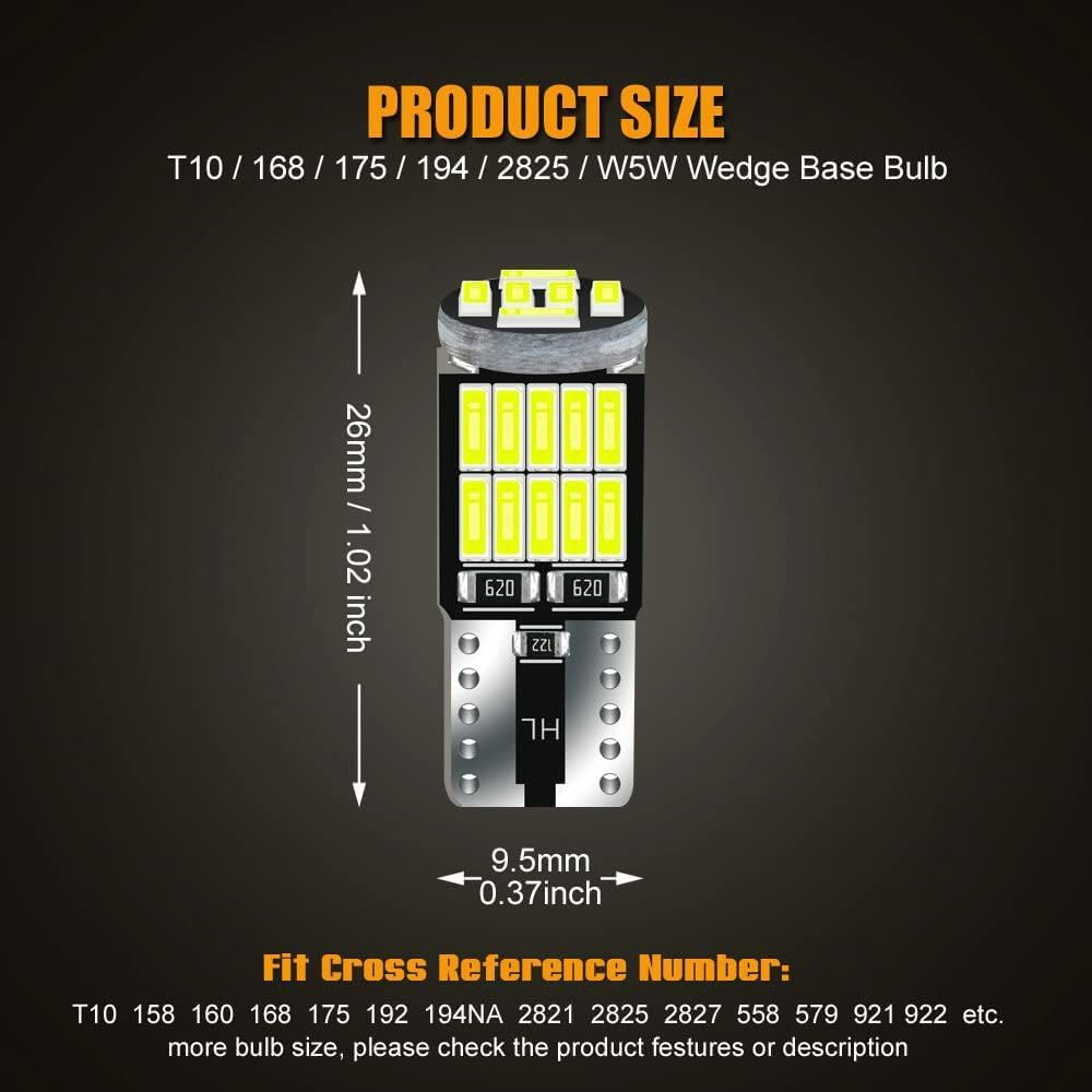 HOCOLO 2X T10 158 LED Bulb W5W 2825 168 192 194 T10 Wedge Light Bulbs 12V Cool White for Car Side Marker Lights Dome Map Door Courtesy License Plate 0.5W (2X T10 26-SMD) image number 3