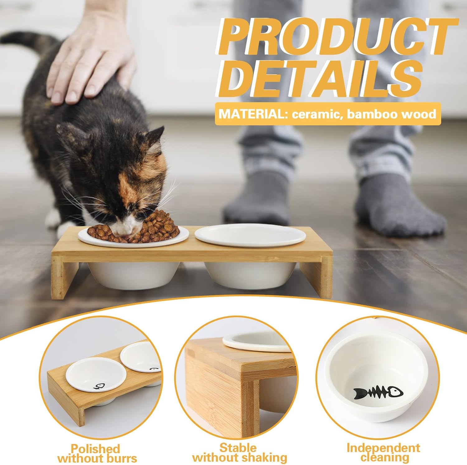 Raised Slow Feeder Dog Bowls, Dog Elevated Food Bowl with 2 Ceramic Bowls, 1.6" Height Cat Water and Food Bowl, Elevated Water Bowl for Dogs Cats (Bamboo) image number 6
