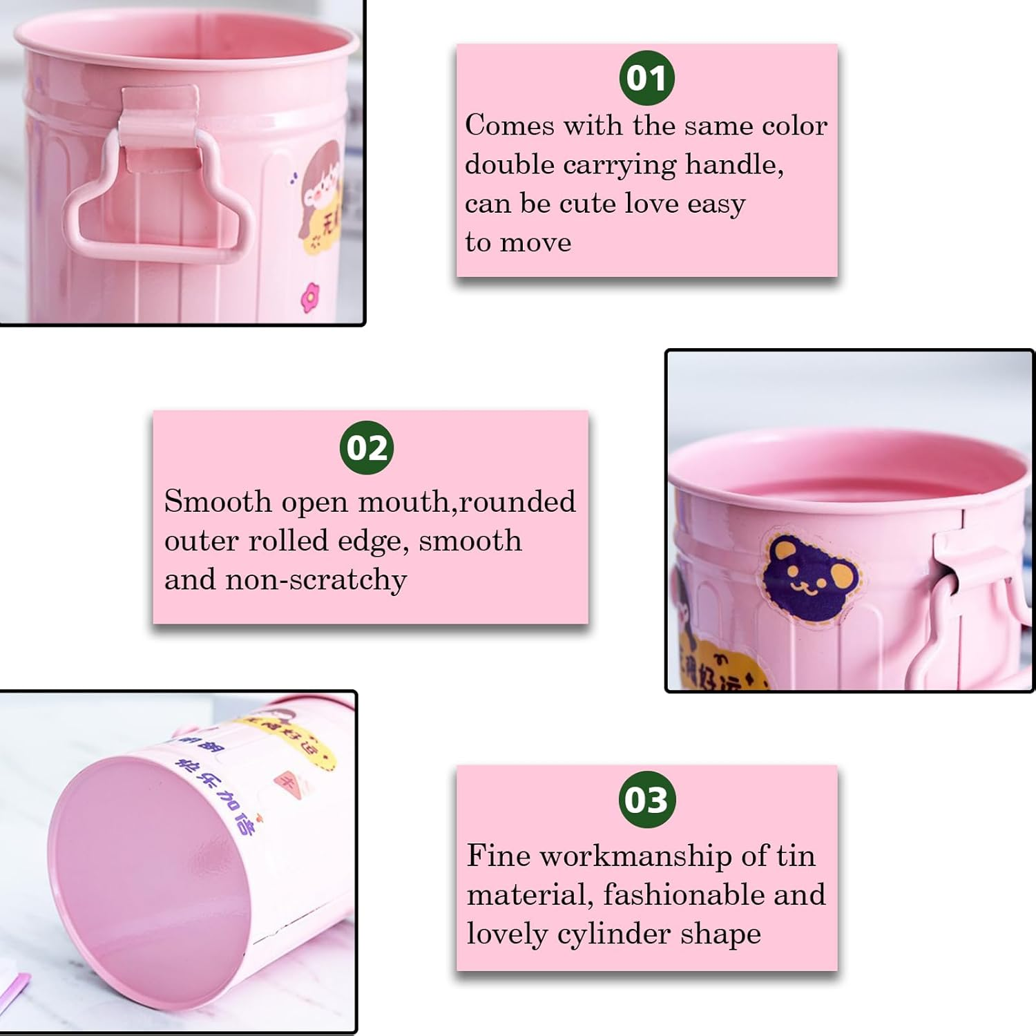 Fkereg Pencil Holder for Desk, Metal Barrel Pen Cup Holder for Desk with Handles, Cute Makeup Brushes Holder, Marker Holder Organizer Storage for Office Classroom Desktop Home (Pink) image number 3