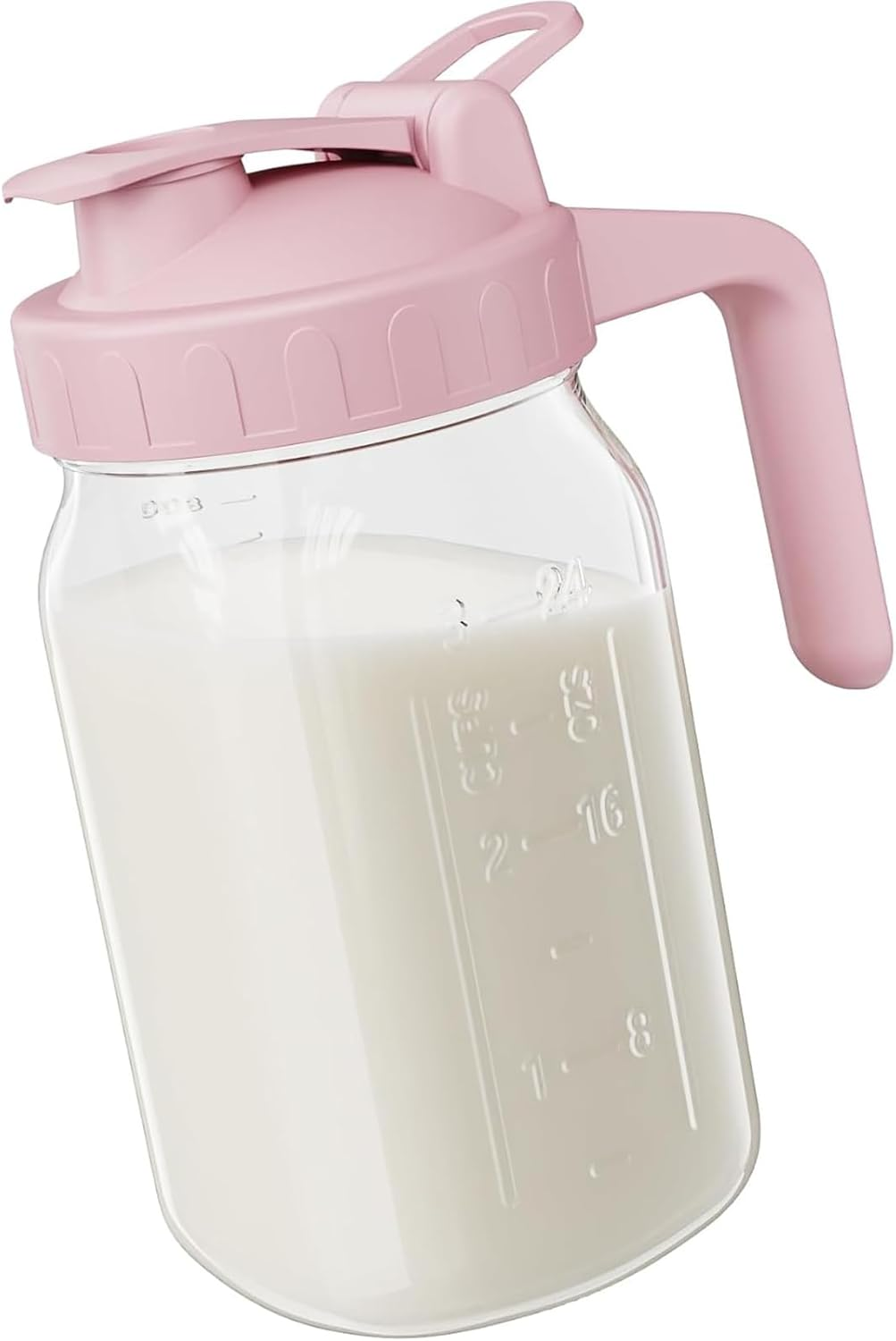 32Oz Breast Milk Pitcher Jug, Heavy Duty Wide Mouth Glass Mason Jar with Flip Cap Lid, Airtight Pitcher with Pour Spout Handle for Beverages Breast Milk Coffee Tea Ice Drinks Storage Container(Pink) image number 2