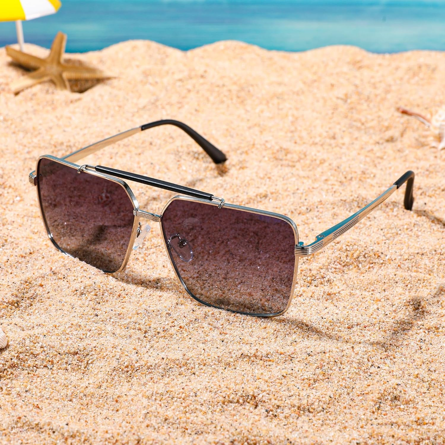 FEISEDY Classic Square Polarized Aivator Sunglasses Mens Womens UV400 Protection Big Double Bridge Sun Glasses image number 1