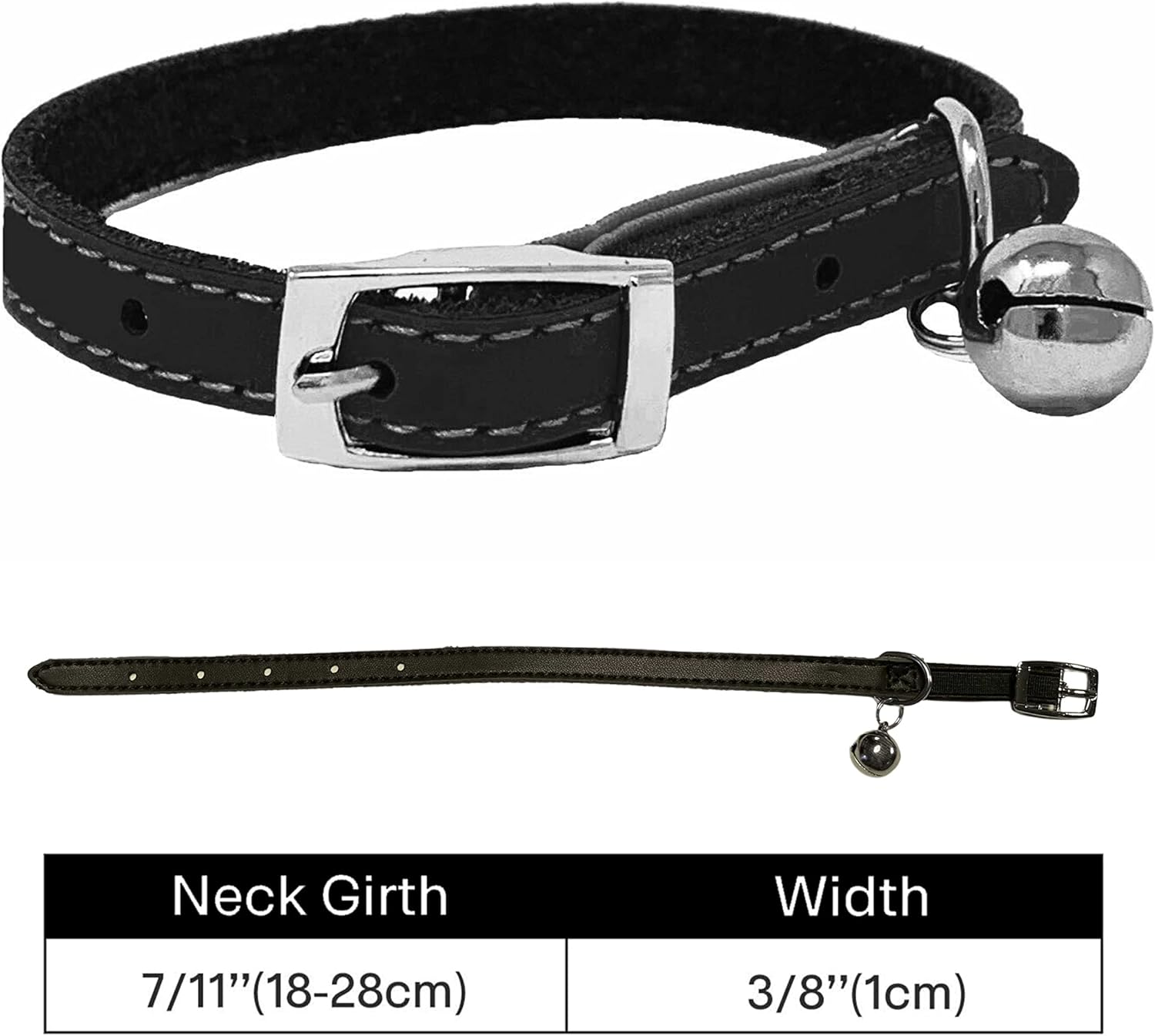 Cat Collar Real Leather with Safety Elastic, Bell, Available (Black)