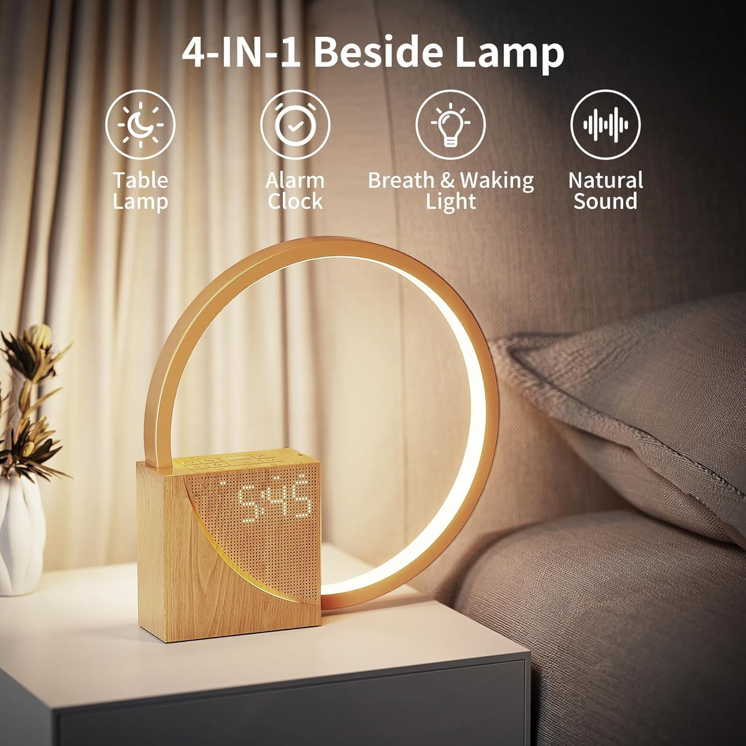 Vnoeom Alarm Clock Bedside Lamp, Touch Table Lamp with Natural Sounds, Desk Lamp with Alarm Clock, Touch Control 3 Levels Brightness,Night Light for Bedroom, Living Room, Nightstand image number 2